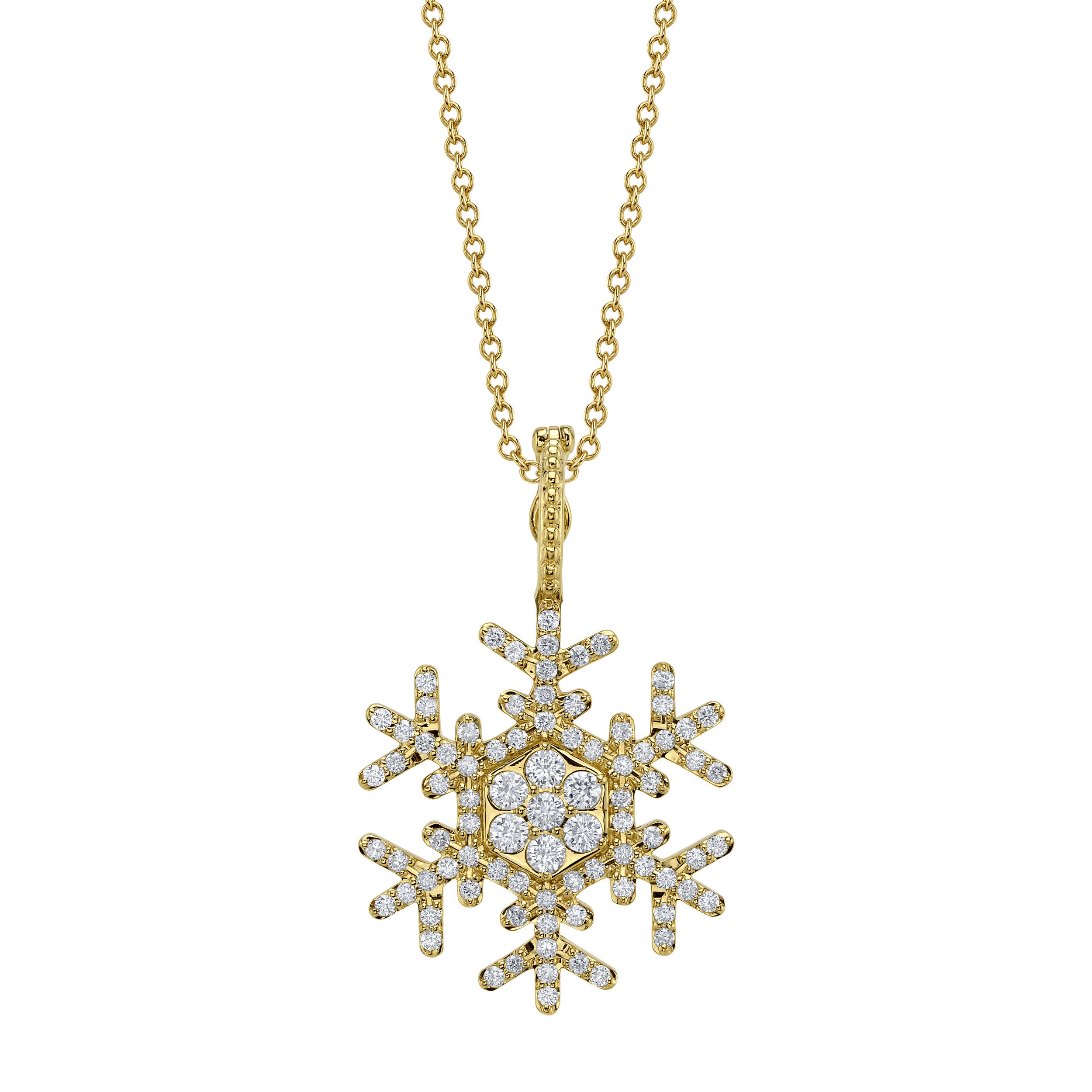 Enjoy the magic of a winter wonderland all year round with an exclusive snowflake pendant designed by Valerie Naifeh.-18k Yellow gold-Diamond, 0.64ctsItem# SF-ELL2480-18YD Snowflake Pendant in Yellow Gold with Diamonds
