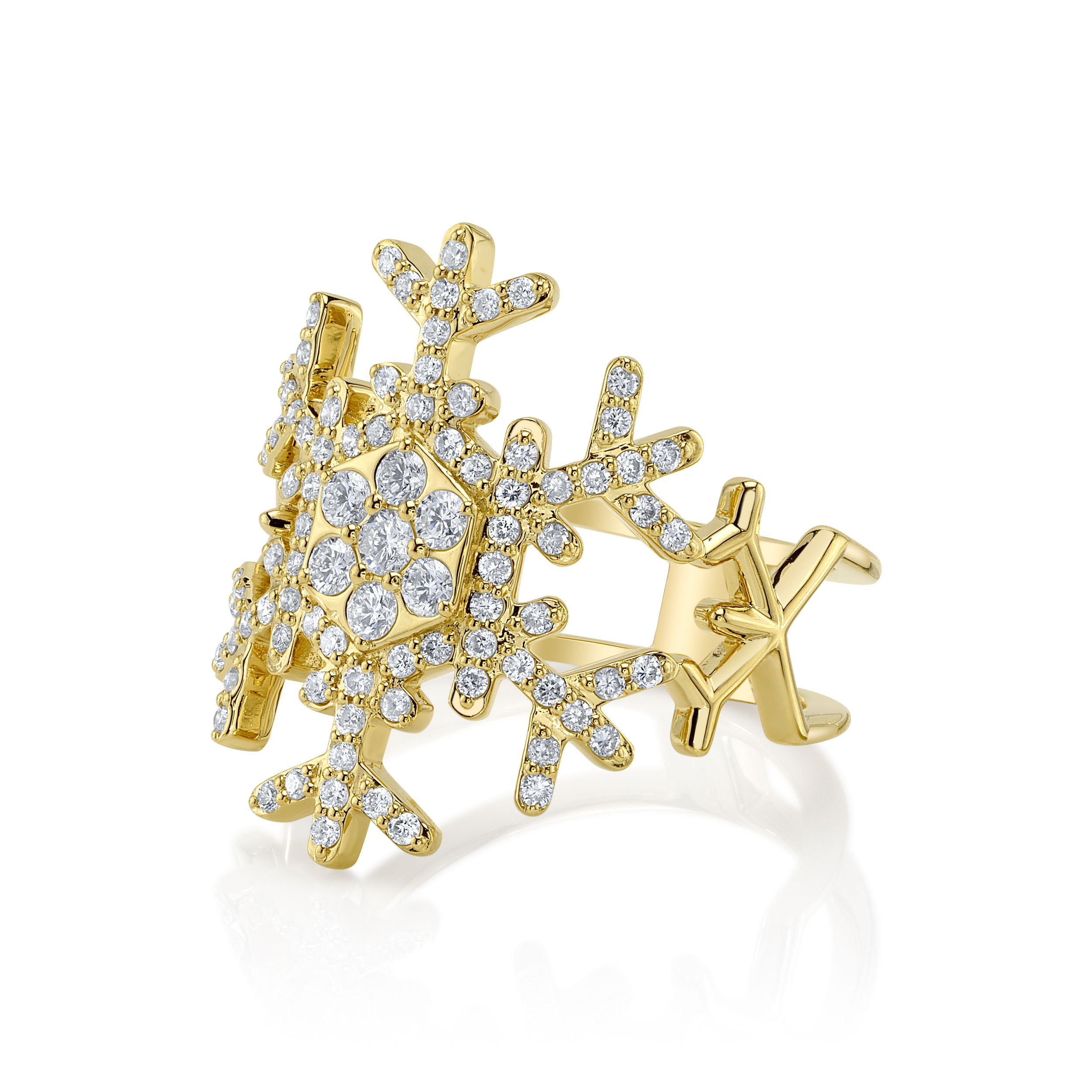 Enjoy the magic of a winter wonderland all year round with an exclusive snowflake ring designed by Valerie Naifeh.-14k Yellow gold-Diamonds, 0.55cts-Size 7Item# SF-ELL2478-14YD Snowflake Ring in Yellow Gold with Diamonds