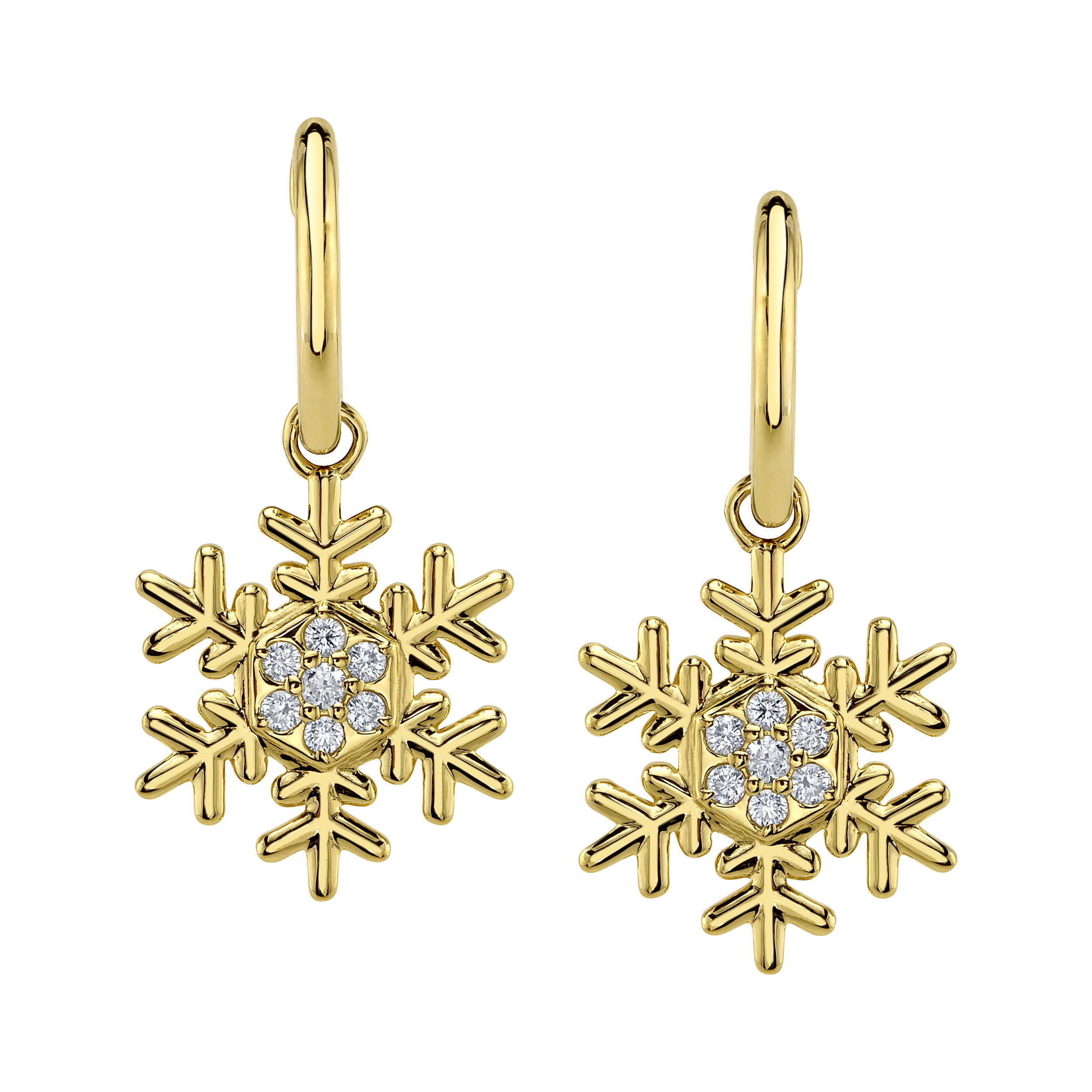 Enjoy the magic of a winter wonderland all year round with exclusive snowflake earrings designed by Valerie Naifeh.-18k Yellow gold-Diamonds, 0.14ctsItem# SF-ELL2481-18YD Snowflake Earrings in Yellow Gold with Diamonds