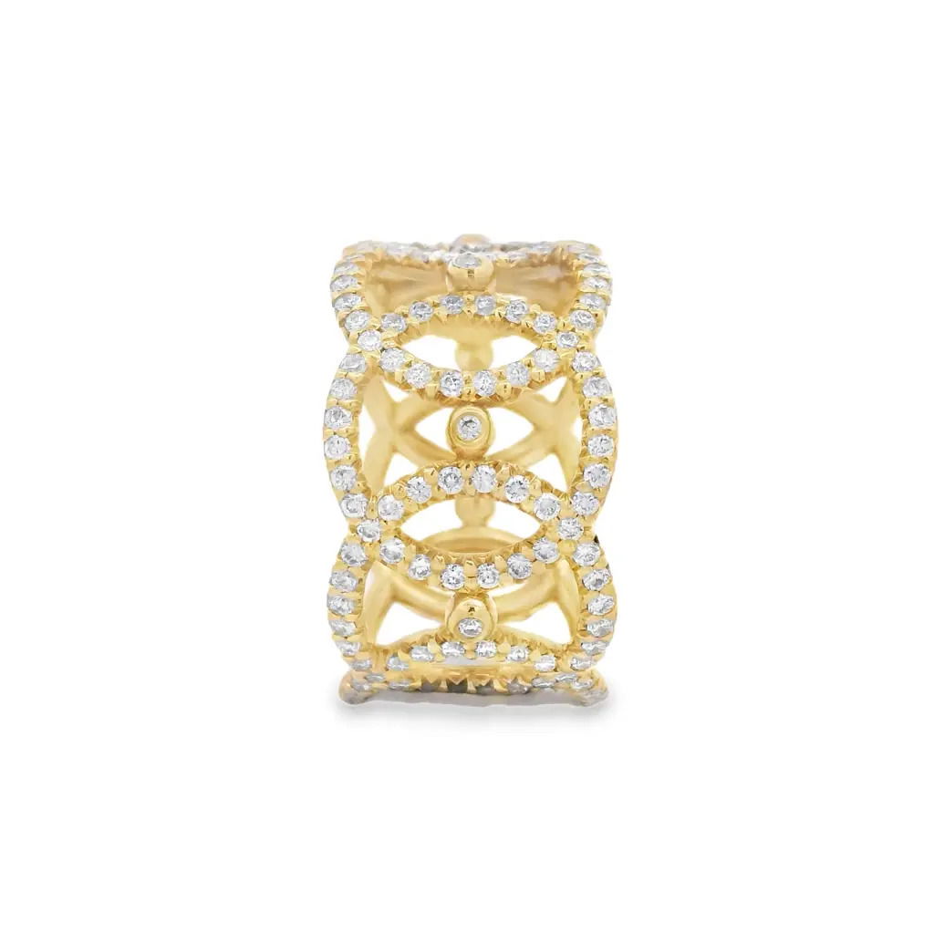 Bold and elegant, this 18k yellow gold wide band is set with 1.36cts of brilliant diamonds. With its substantial design and refined sparkle, it’s a striking piece that adds a touch of royalty to any collection.-18k Yellow gold-Diamond, F-G/VS 1.36ctsItem# 804-2000280 Royal Wide Band