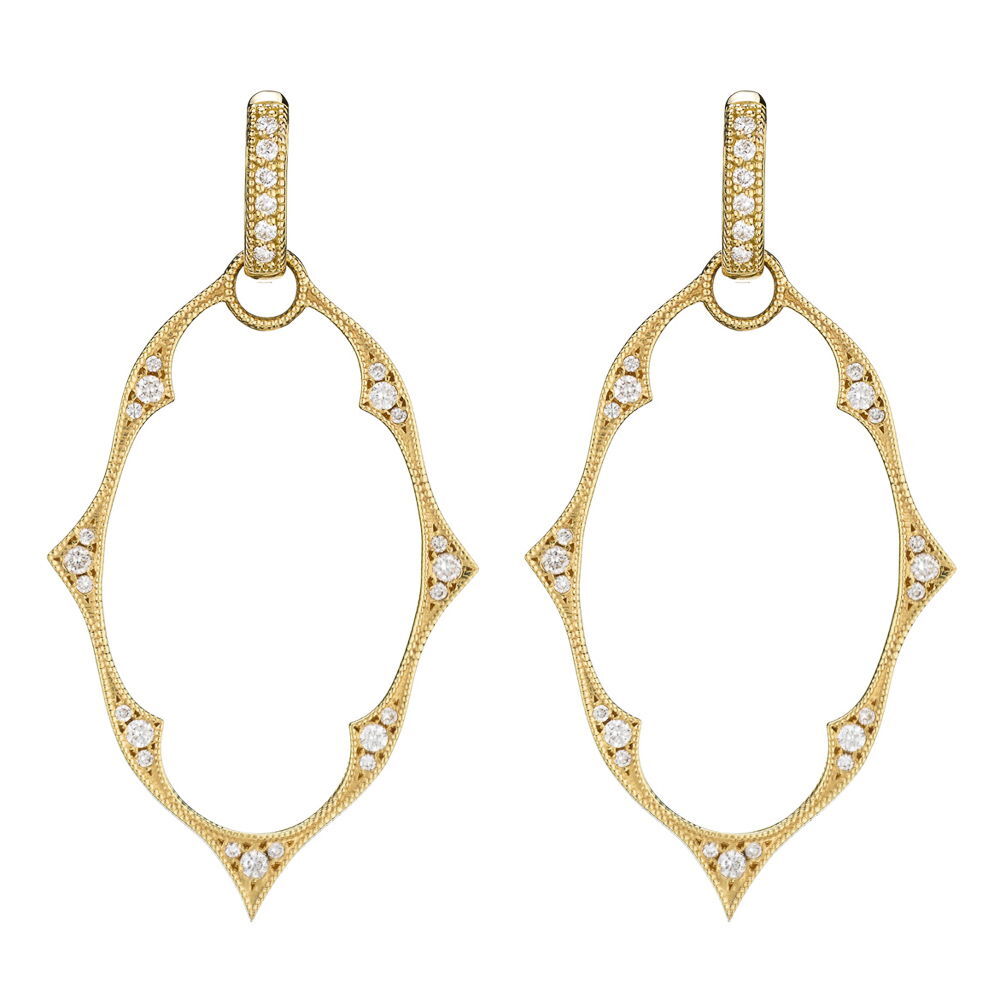 Versatile and elegant, these earring charms are designed to pair seamlessly with additional charms, allowing you to create a personalized and layered look. Crafted with precision, they offer the perfect foundation for your unique style. Hoops and charms sold separately.-18k Yellow gold-Round diamondsItem# 809-2000093 Moroccan Earring Charm Frames