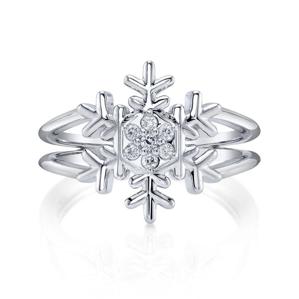Enjoy the magic of a winter wonderland all year round with an exclusive snowflake ring designed by Valerie Naifeh.-Sterling silver-Lab grown diamonds, 0.07ctsItem# SVSF07-R925-LGD Snowflake Ring in Sterling Silver