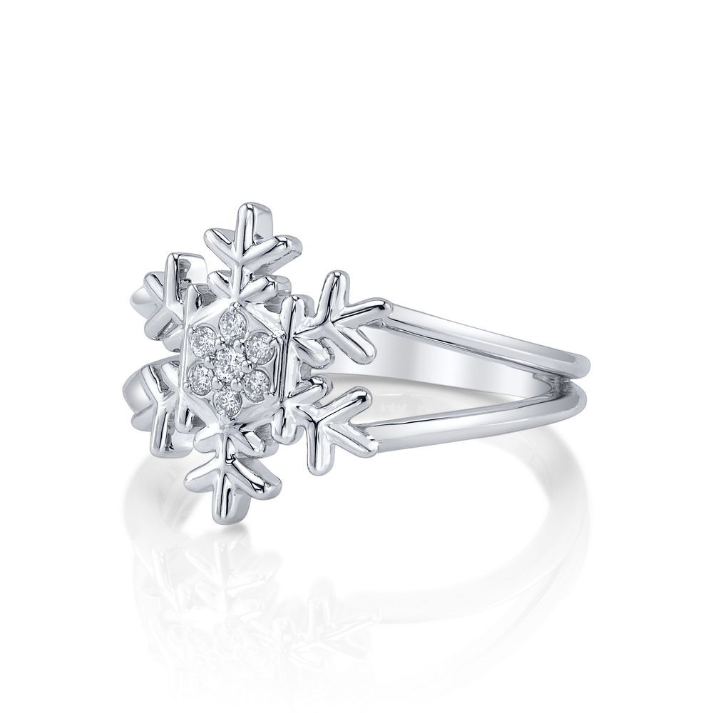 Enjoy the magic of a winter wonderland all year round with an exclusive snowflake ring designed by Valerie Naifeh.-14k White gold-Round diamonds, 0.07ctsItem# SVSF07-R585W-D Snowflake Ring in White Gold with Diamonds
