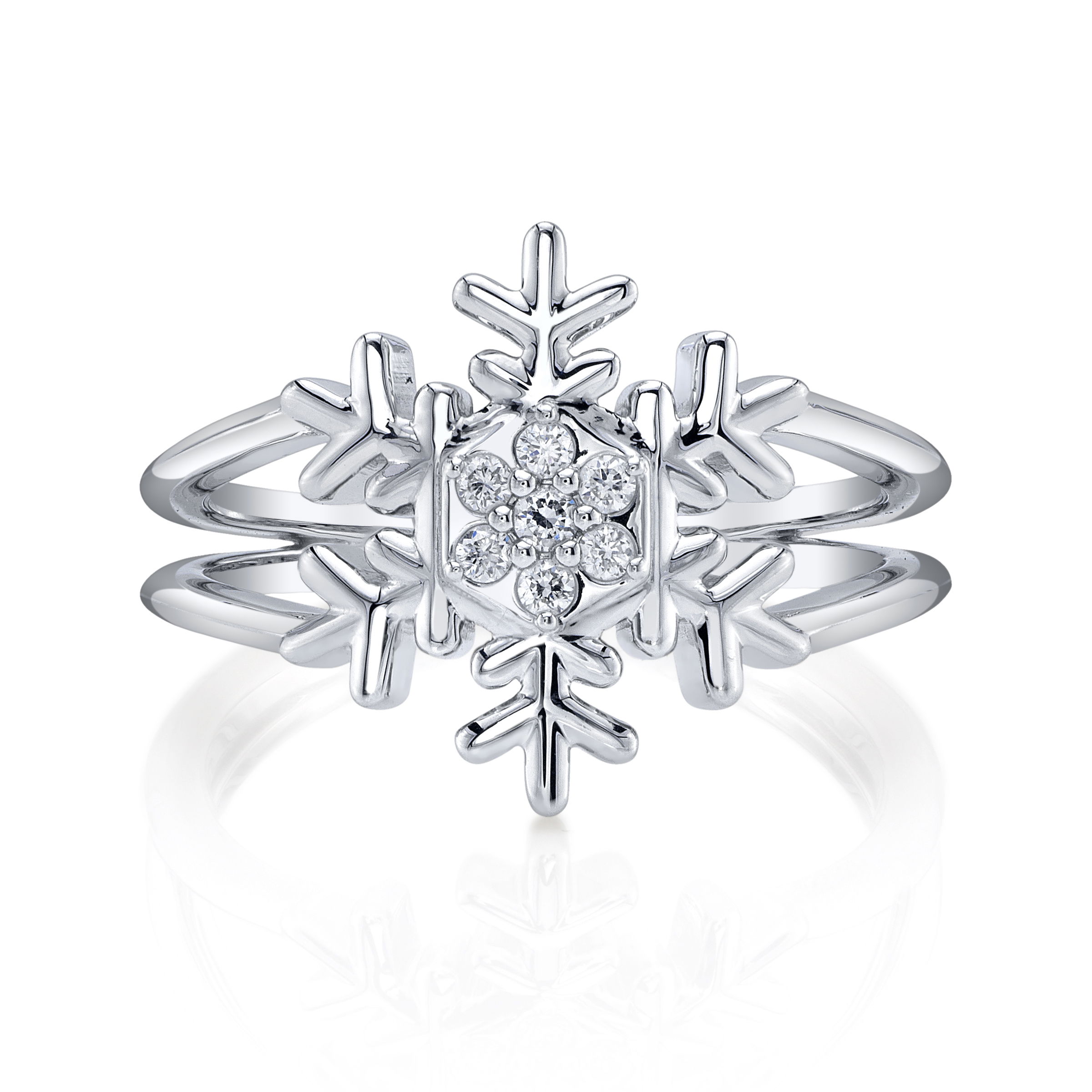 Enjoy the magic of a winter wonderland all year round with an exclusive snowflake ring designed by Valerie Naifeh.-Sterling Silver-Lab-grown diamonds, 0.11cts-Daimeter 18mmItem#SVSF07CU-R925-LGD Snowflake Ring in Sterling Silver