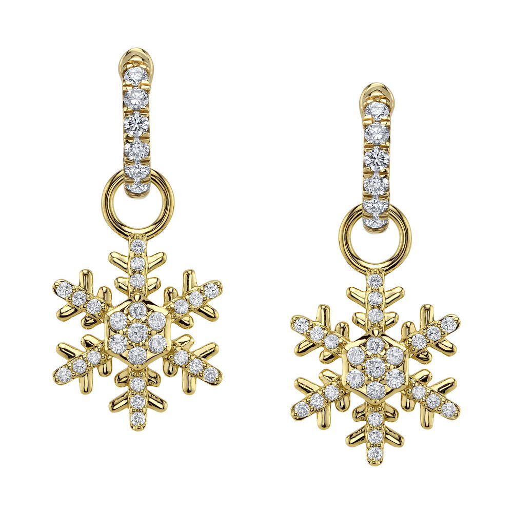 Enjoy the magic of a winter wonderland all year round with exclusive snowflake earring charms designed by Valerie Naifeh. Huggies sold separately.-18k Yellow gold-Diamonds, 0.35ctsItem# SVSF03-C750Y-D Snowflake Charms in Yellow Gold with Diamonds