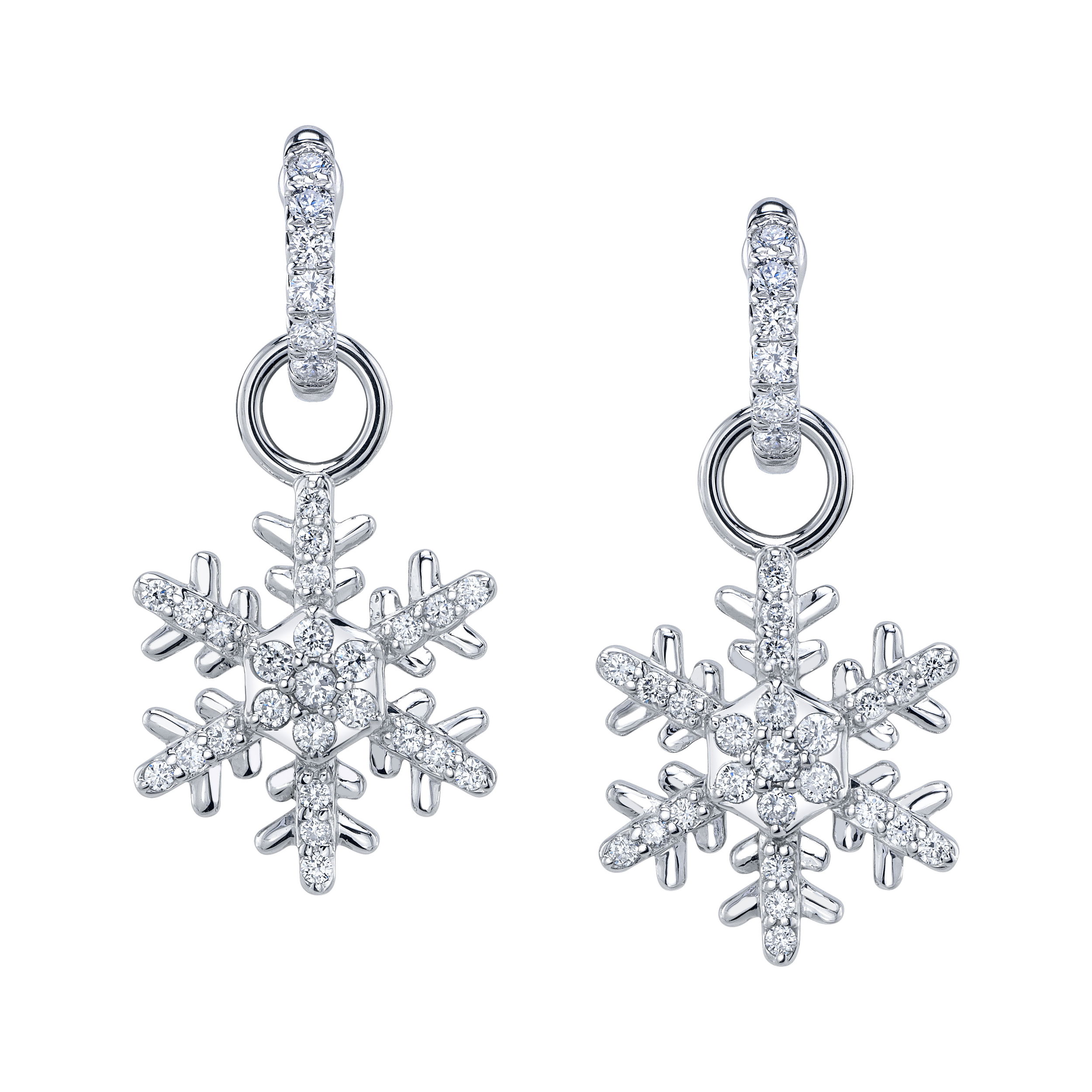 Enjoy the magic of a winter wonderland all year round with exclusive snowflake earring charms designed by Valerie Naifeh. Huggies sold separately. -Sterling silver-Lab-grown diamondsItem# SVSF03-C925-LGD Snowflake Earring Charms in Sterling Silver with Diamonds
