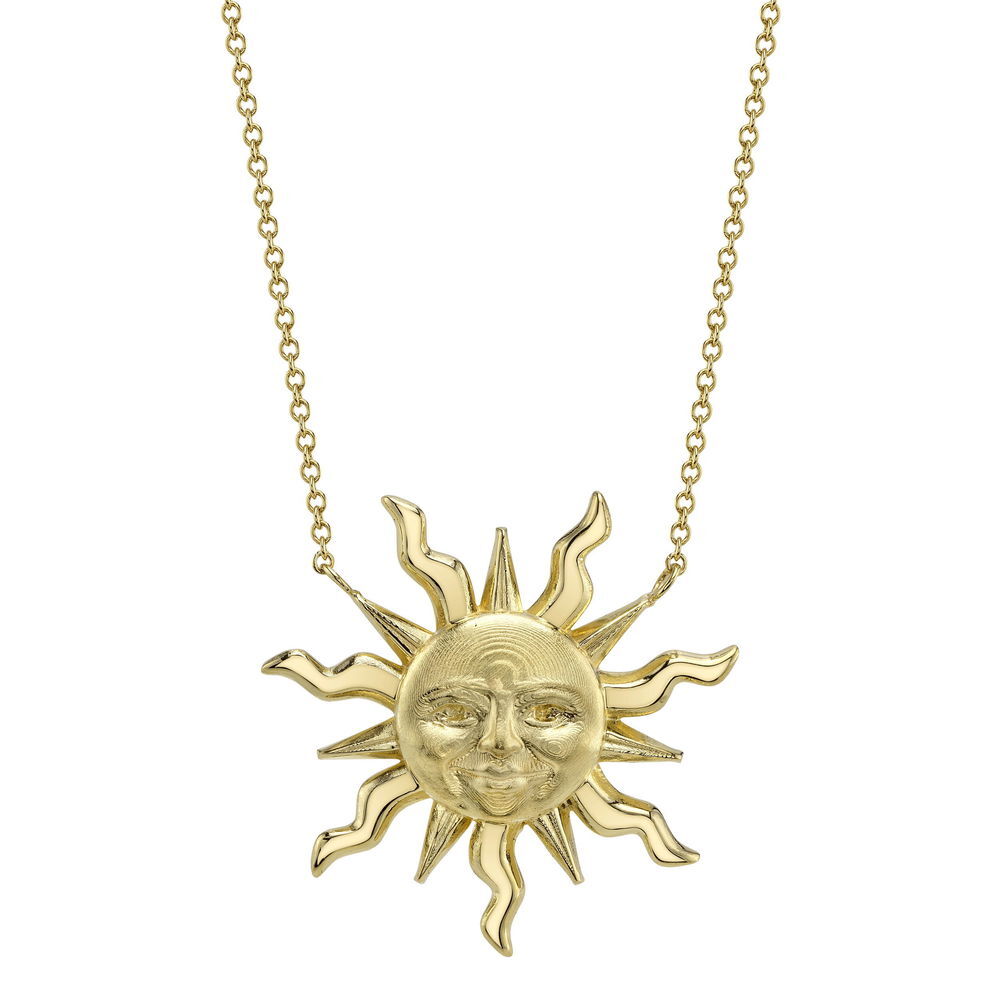 Valerie Naifeh has reimagined the iconic Sun Valley "Sun" design, bringing a modern touch to this timeless symbol. While infusing it with contemporary elegance, she honors its rich heritage, creating a collection that both celebrates the past and looks towards the future.-18k Yellow gold-Diameter 28mmItem# SVS01-N750Y Sun Valley Sun Necklace in Yellow Gold