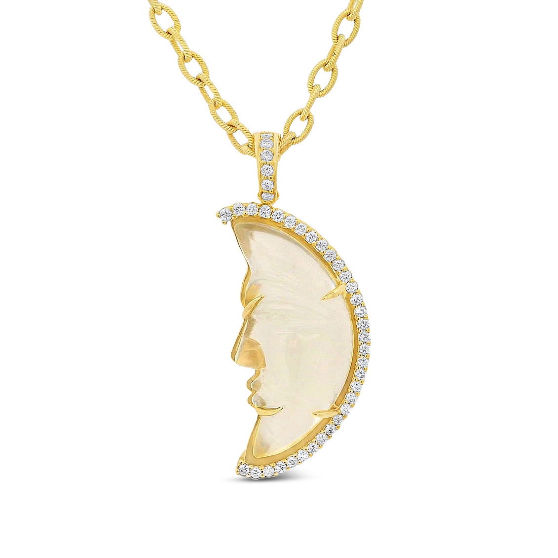 This stunning 18k yellow gold moonstone pendant is a celestial masterpiece. The “La Luna” pendant is the perfect addition to anyone’s jewelry box. Chain sold separately.-18k Yellow gold-Moonstone, 10.60ct-Diamonds, 0.39ctsItem# ND-PD-00007 La Luna Pendant 2.0