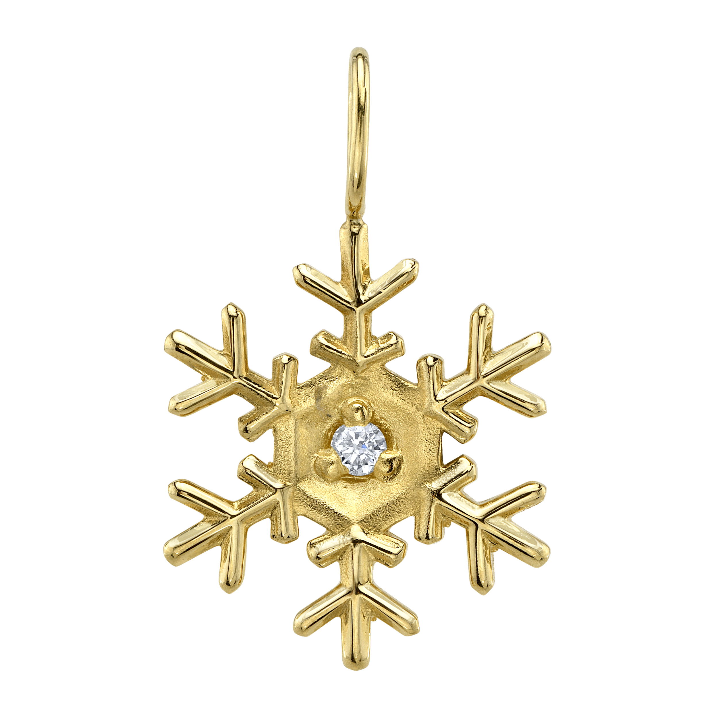 Enjoy the magic of a winter wonderland all year round with an exclusive snowflake Pendant designed by Valerie Naifeh. Chain sold separately. -18k Yellow gold-Diameter 16mm-Round diamond, 0.03ctItem# SVSF02CU-P750Y-D Snowflake Pendant in Yellow Gold with a Diamond