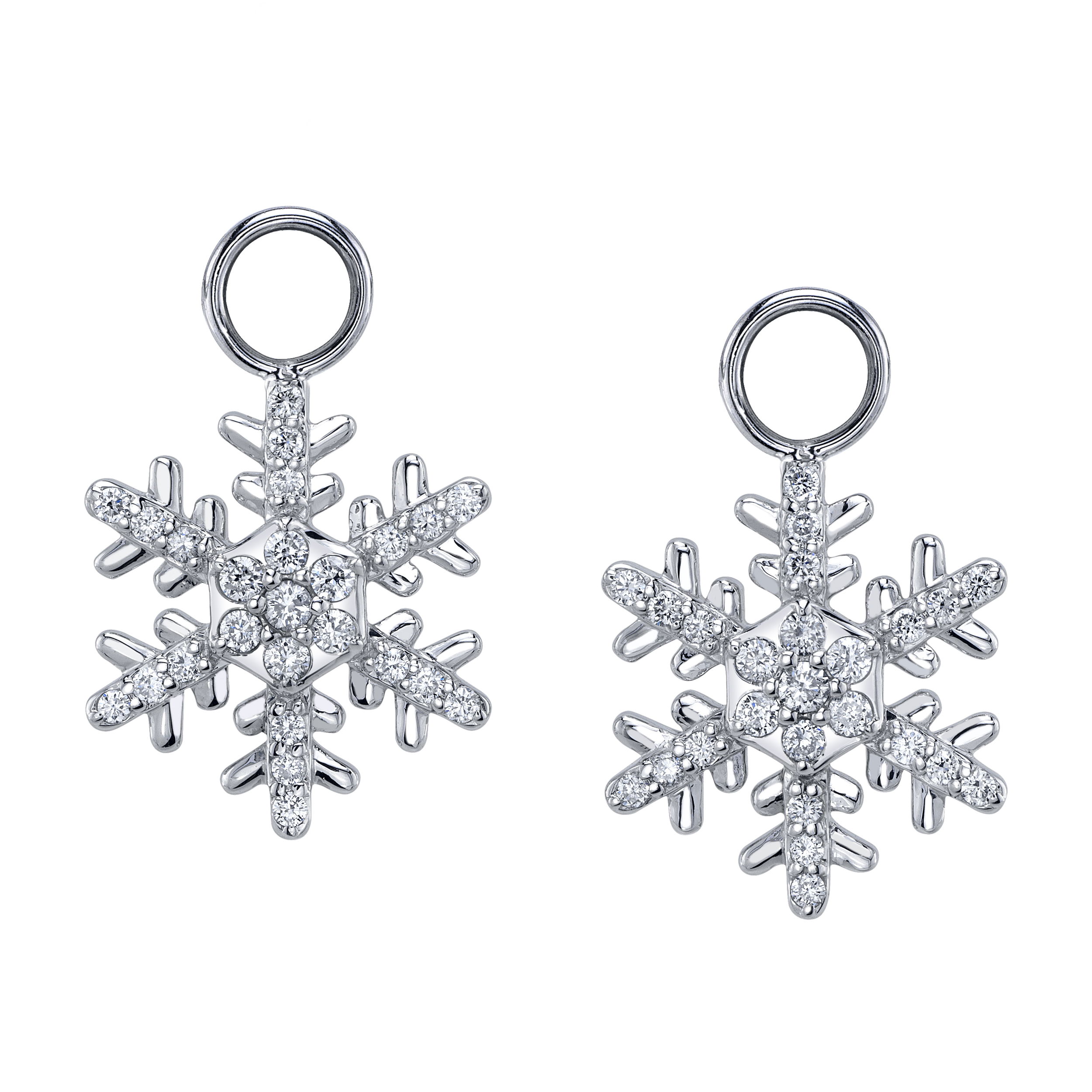 Enjoy the magic of a winter wonderland all year round with exclusive snowflake earring charms designed by Valerie Naifeh. Huggies sold separately.-14k White gold-Diamonds, 0.35ctsItem# SVSF03-C585W-D Snowflake Earring Charms in White Gold with Diamonds