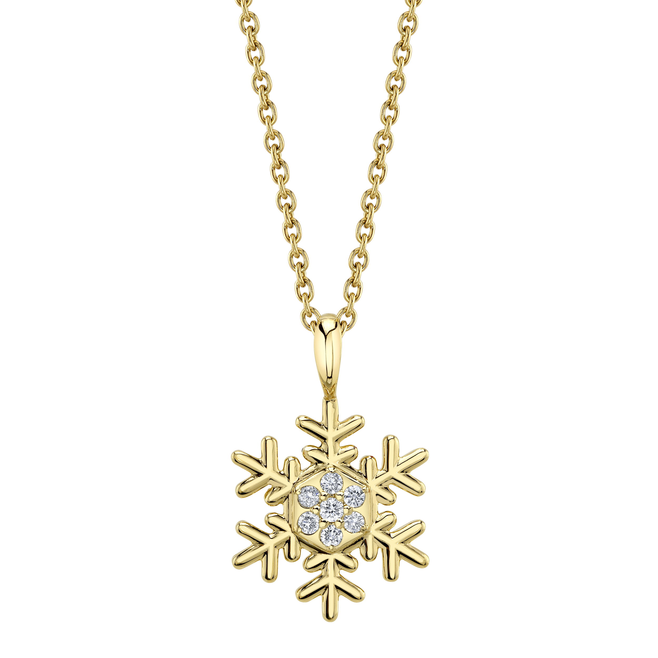 Enjoy the magic of a winter wonderland all year round with an exclusive snowflake necklace designed by Valerie Naifeh.-14k Yellow gold-Diamonds, 0.07ctsItem# SVSF04-N585Y-D Snowflake Necklace in Yellow Gold with Diamonds