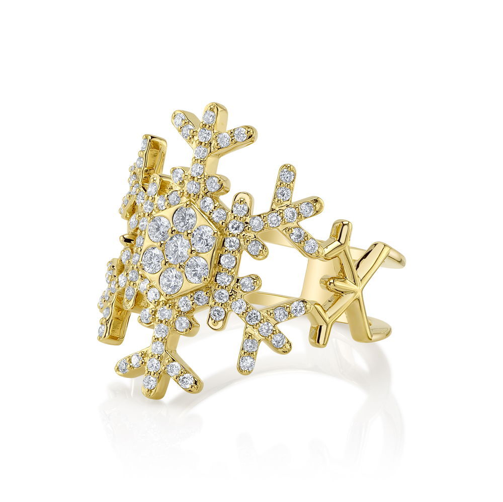 Enjoy the magic of a winter wonderland all year round with an exclusive snowflake ring designed by Valerie Naifeh.-14k Yellow gold-Diamonds, 0.55cts-Size 7Item# SVSF01-R750Y-D Snowflake Ring in Yellow Gold with Diamonds