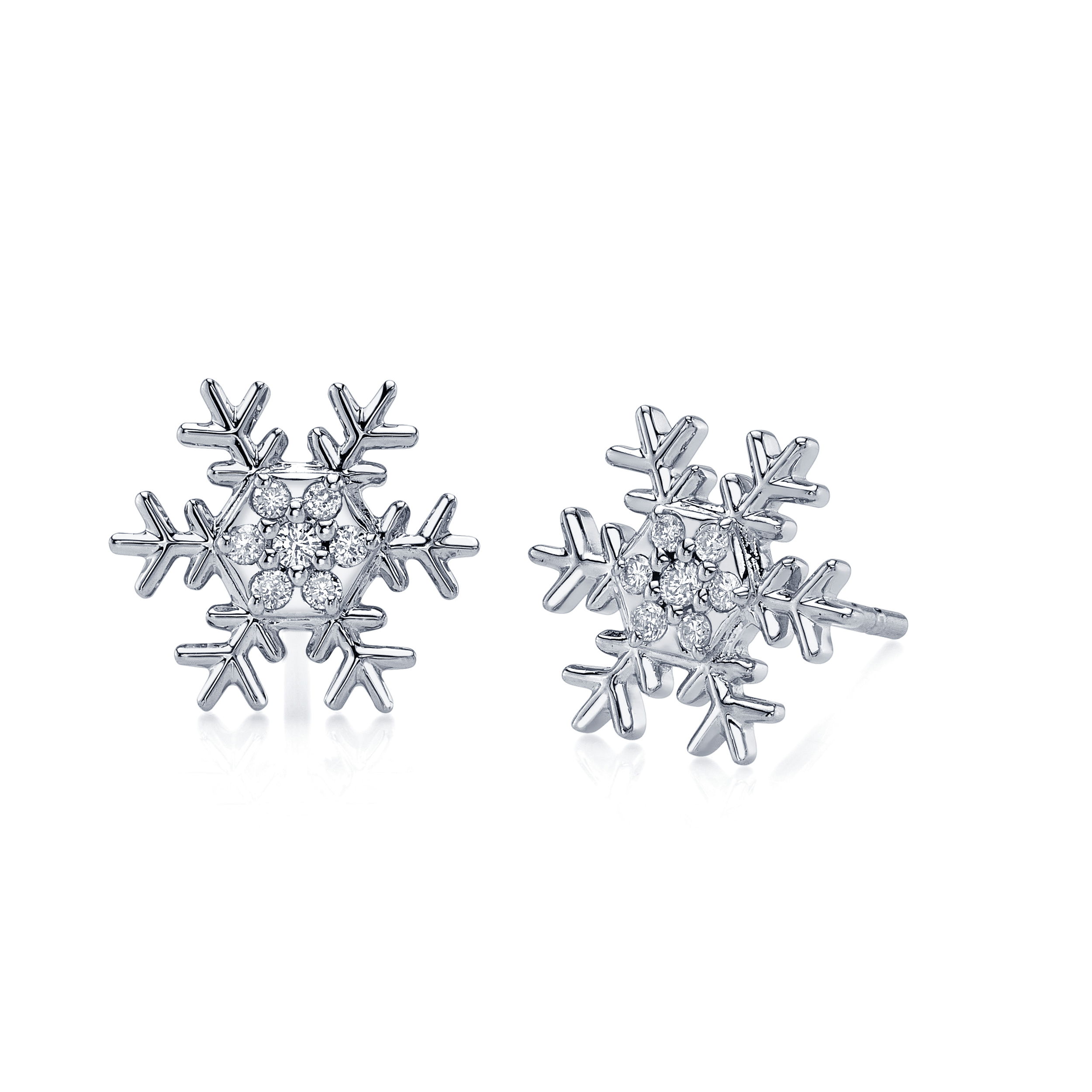 Enjoy the magic of a winter wonderland all year round with exclusive snowflake earring studs designed by Valerie Naifeh.-14k White gold-Diamonds, 0.07ctsItem# SVSF06-E585W-D Snowflake Stud Earrings in White Gold with Diamonds