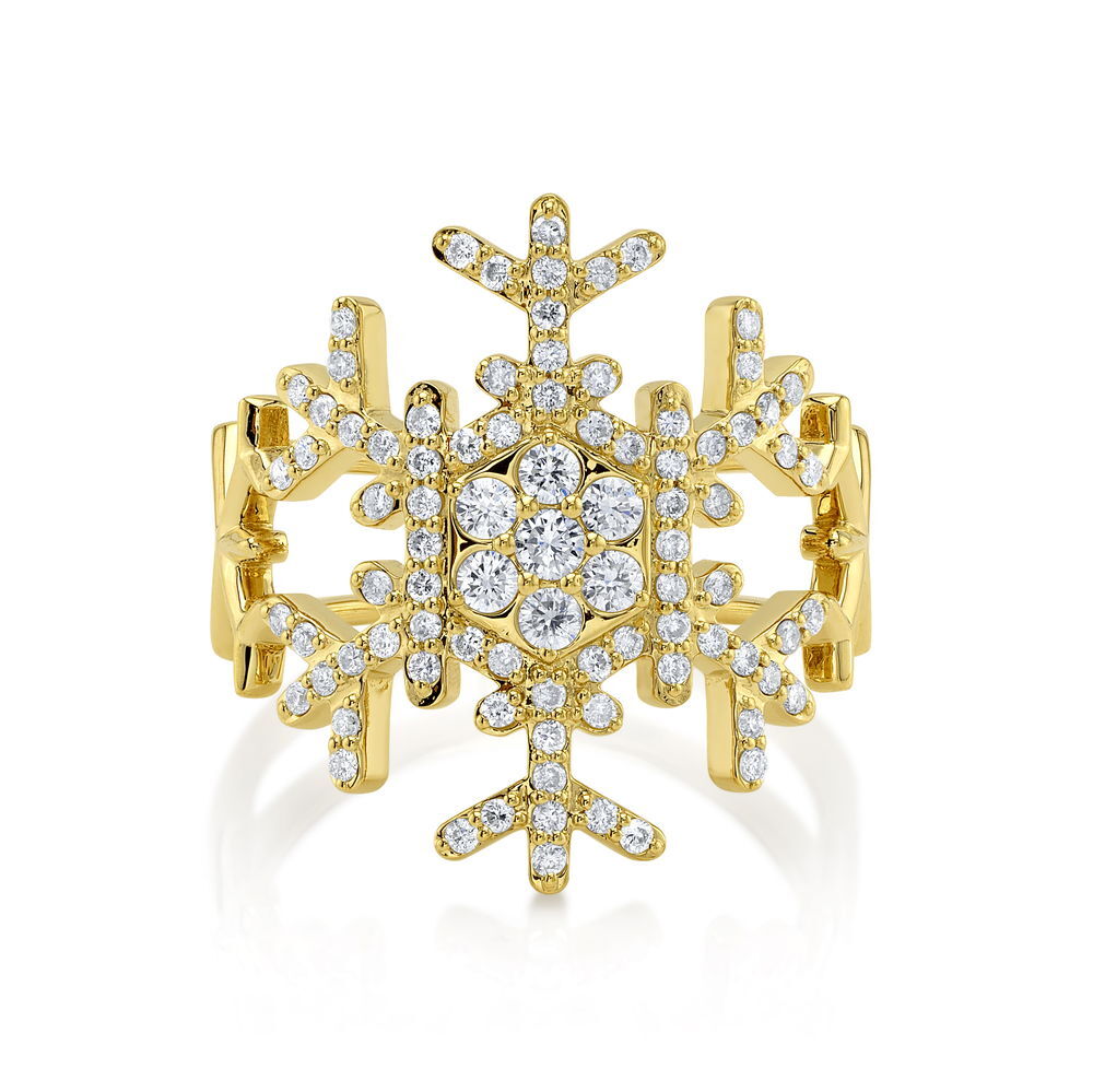 Enjoy the magic of a winter wonderland all year round with an exclusive snowflake ring designed by Valerie Naifeh.-14k Yellow gold-Diamonds, 0.55cts-Size 7Item# SVSF01-R585Y-D Snowflake Ring in Yellow Gold with Diamonds