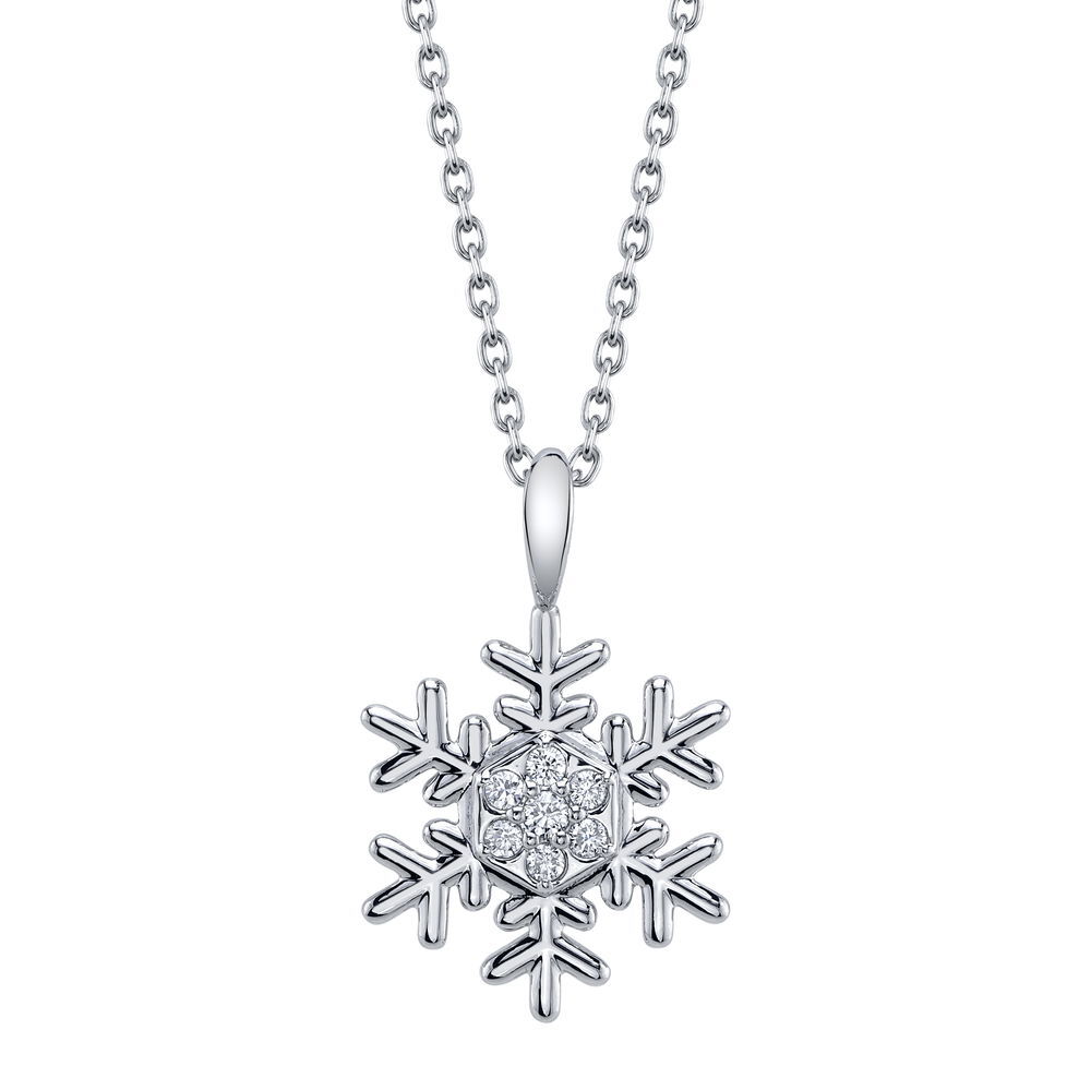 Enjoy the magic of a winter wonderland all year round with an exclusive snowflake necklace designed by Valerie Naifeh.-14k White gold-Diamonds, 0.72ctsItem# SVSF04-N585W-D Snowflake Necklace in White Gold with Diamonds