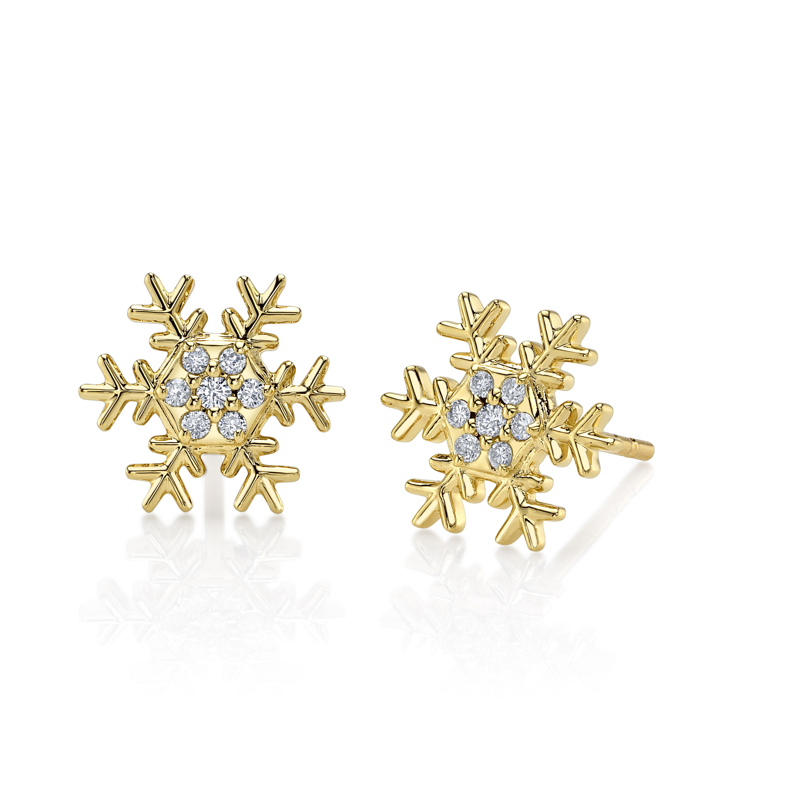 Enjoy the magic of a winter wonderland all year round with exclusive snowflake earring studs designed by Valerie Naifeh.-14k Yellow gold-Diamonds, 0.07ctsItem# SVSF06-E585Y-D Snowflake Stud Earrings in Yellow Gold with Diamonds