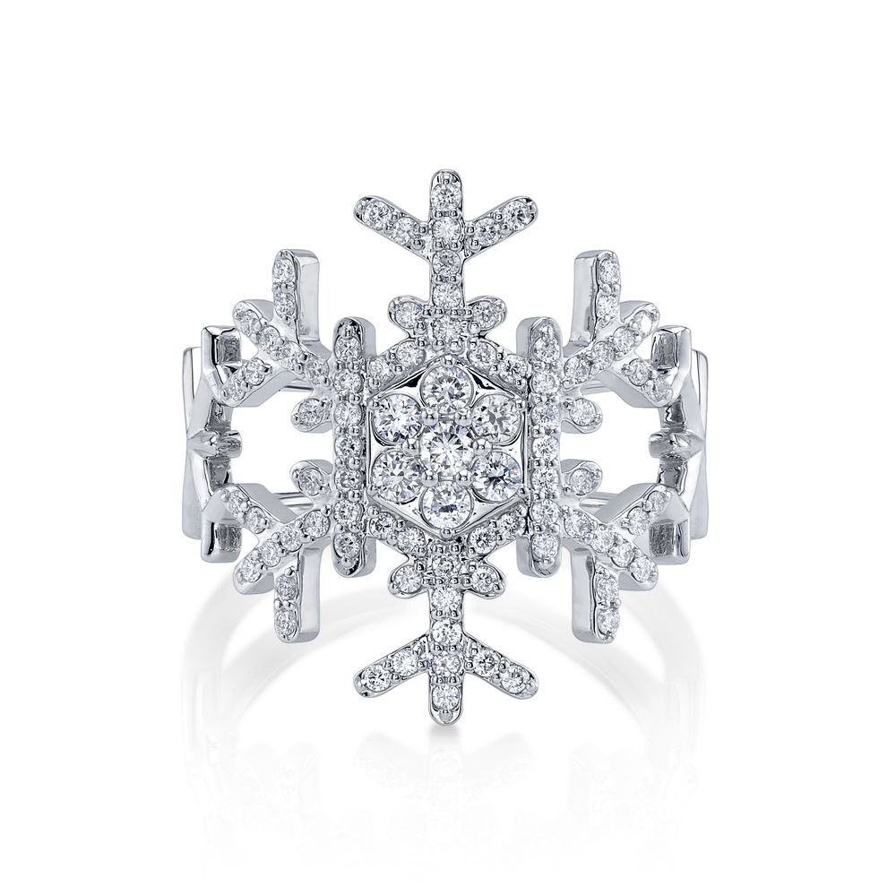 Enjoy the magic of a winter wonderland all year round with an exclusive snowflake ring designed by Valerie Naifeh.-Sterling silver-Lab grown diamond, 0.56cts-Size 5.5Item# SVSF01-R925-LGD Snowflake Ring in Sterling Silver