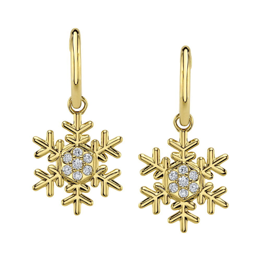 Enjoy the magic of a winter wonderland all year round with exclusive snowflake earrings designed by Valerie Naifeh.-14k Yellow gold-Diamonds, 0.14ctsItem# SVSF05-E585Y-D Snowflake Earrings in Yellow Gold with Diamonds