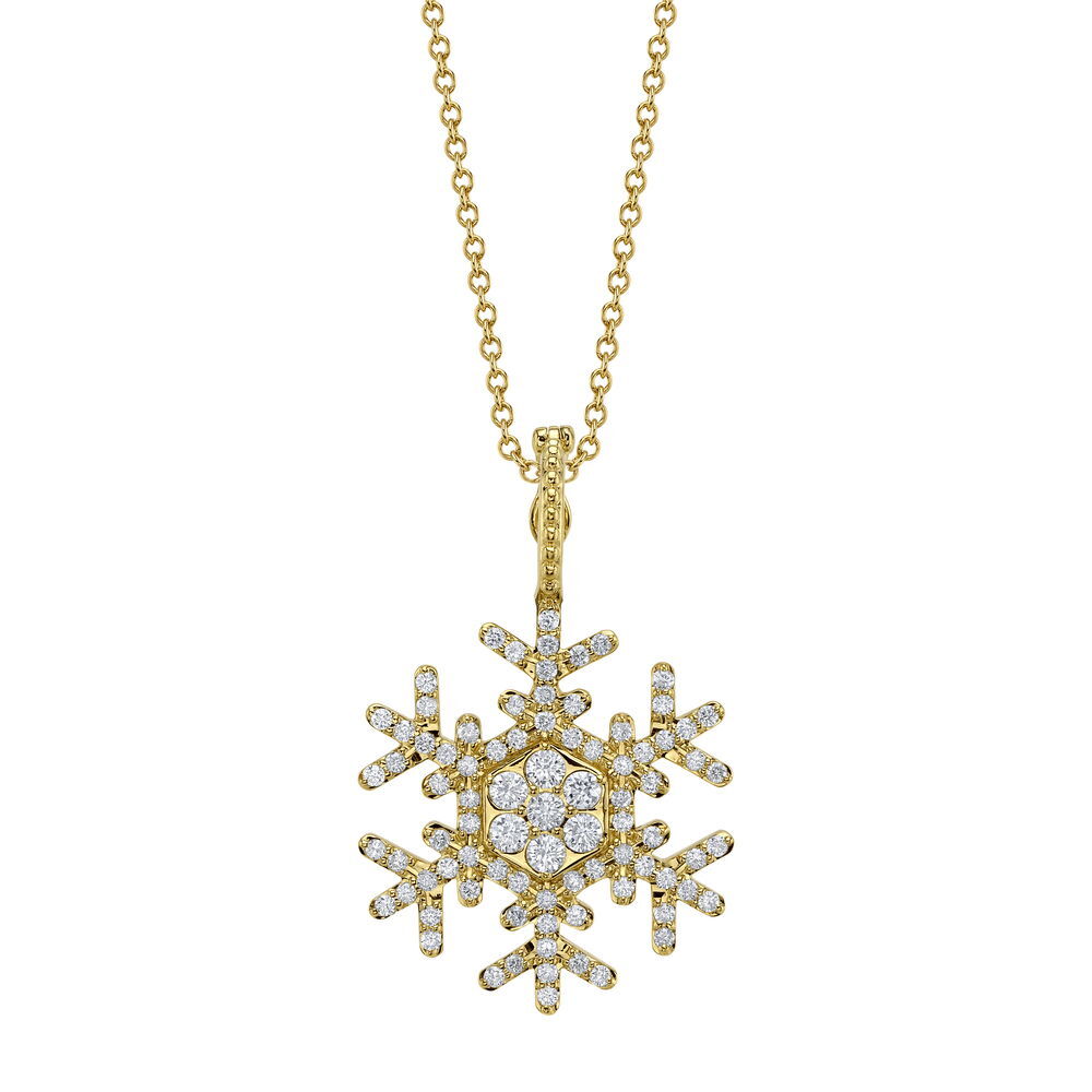 Enjoy the magic of a winter wonderland all year round with an exclusive snowflake pendant designed by Valerie Naifeh.-18k Yellow gold-Diamond, 0.64ctsItem# SVSF02-P750Y-D Snowflake Pendant in Yellow Gold with Diamonds