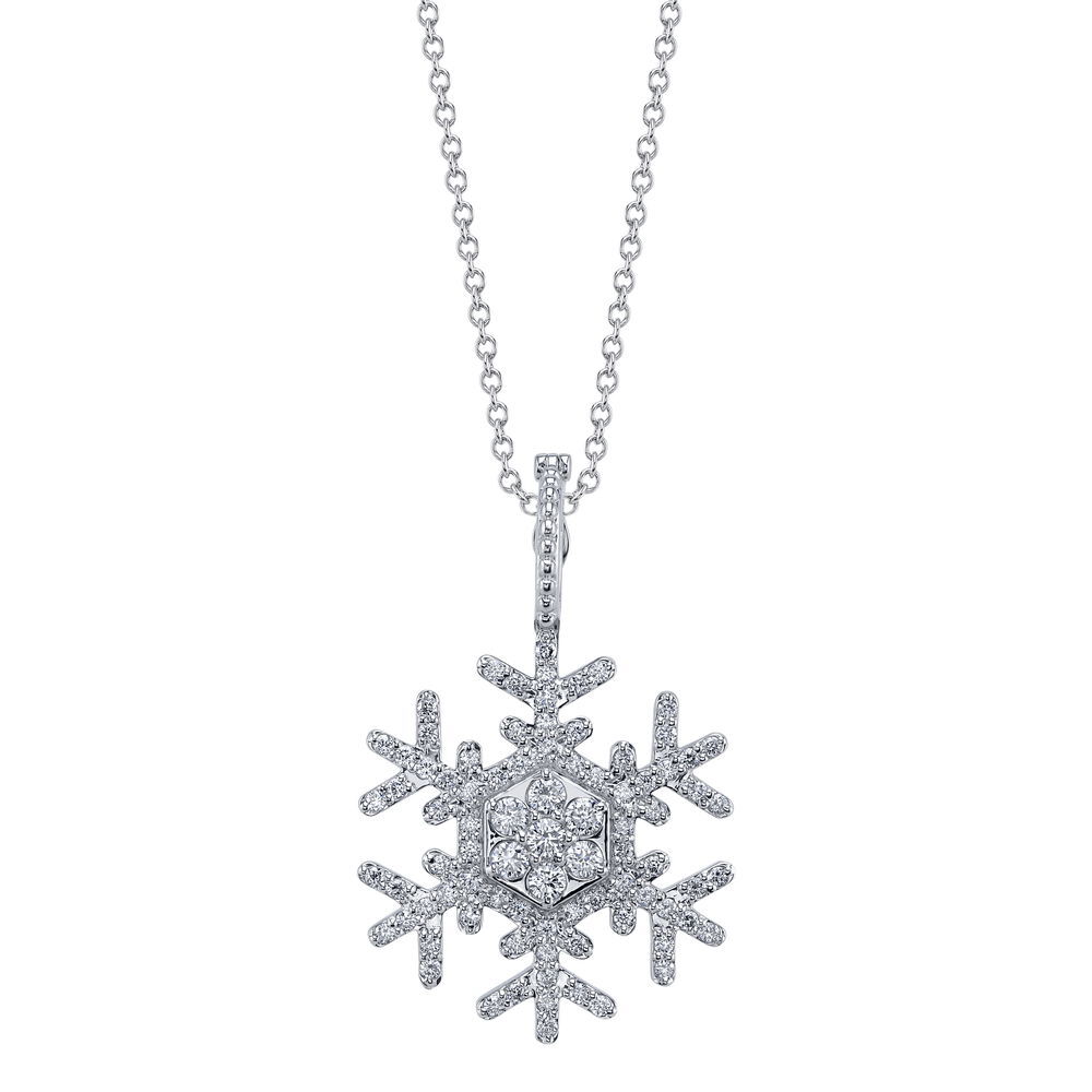 Enjoy the magic of a winter wonderland all year round with an exclusive snowflake pendant designed by Valerie Naifeh. Chain sold separately. -Sterling silver-Lab grown diamonds, 0.56ctsItem# SVSF02-P925-LGD Snowflake Pendant in Sterling Silver