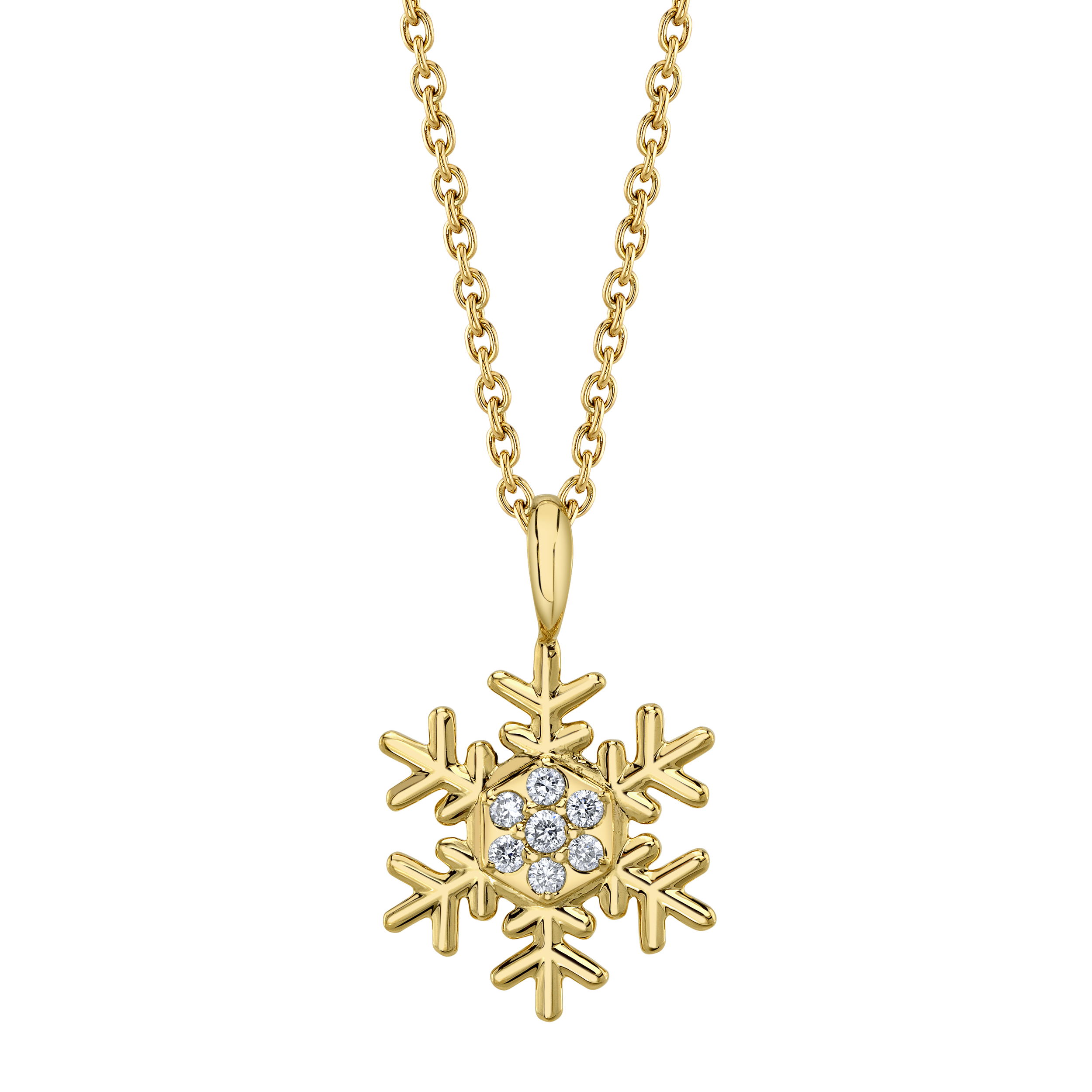 Enjoy the magic of a winter wonderland all year round with an exclusive snowflake necklace designed by Valerie Naifeh.-18k Yellow gold-Diamonds, 0.07ctsItem# SVSF04-N750Y-D Snowflake Necklace in Yellow Gold with Diamonds