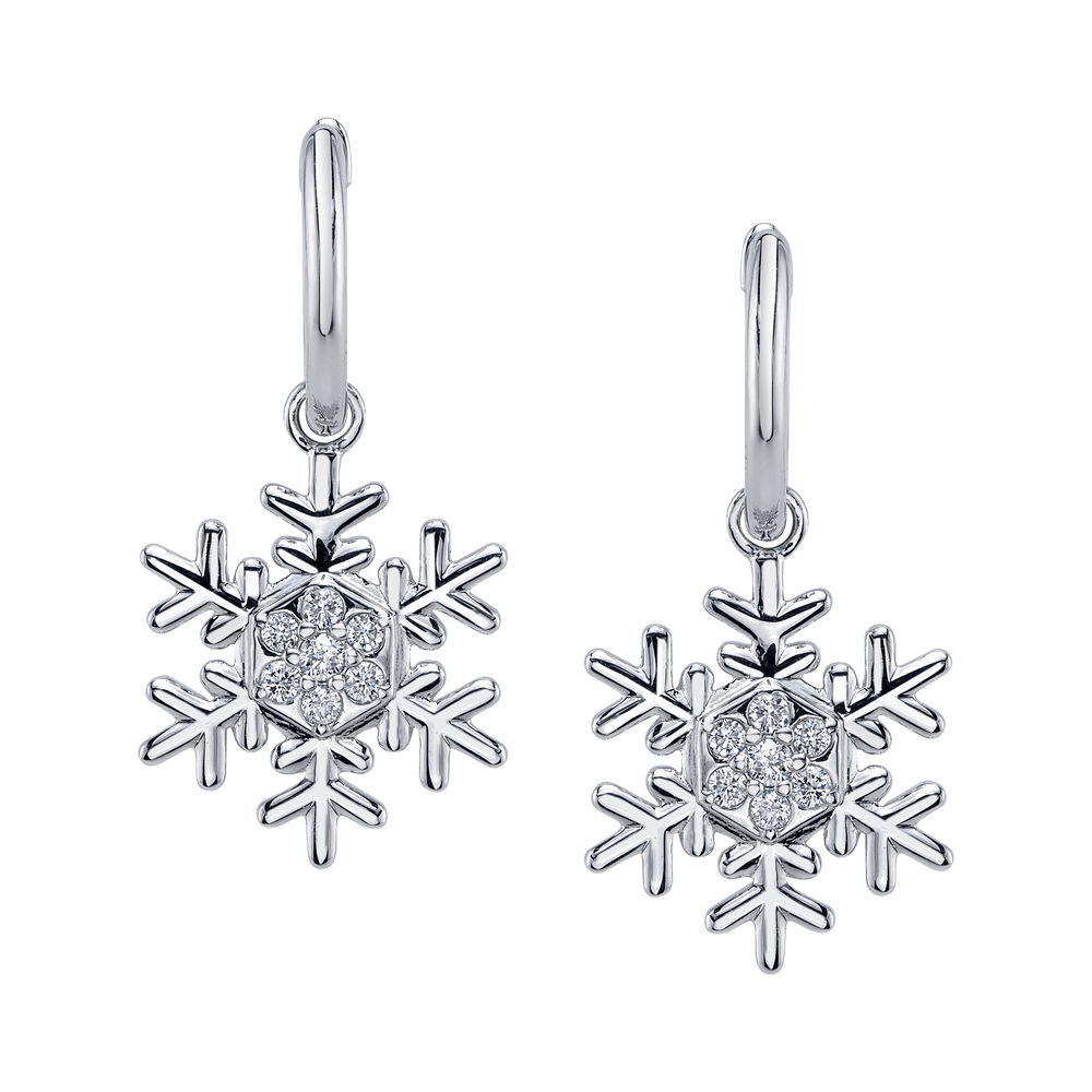 Enjoy the magic of a winter wonderland all year round with exclusive snowflake earrings designed by Valerie Naifeh.-14k White gold-Diamonds, 0.14ctsItem# SVSF05-E585W-D Snowflake Earrings in White Gold with Diamonds