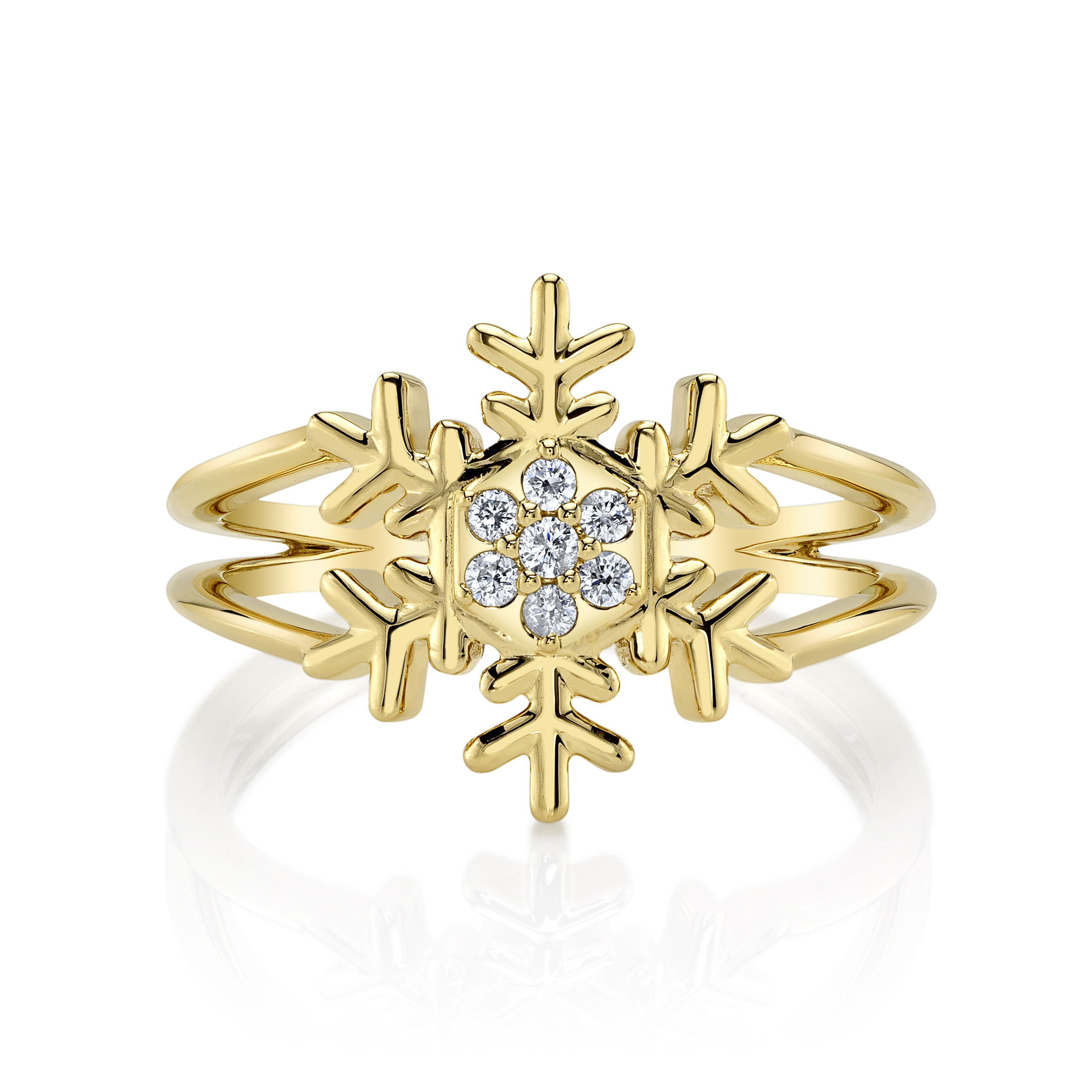 Enjoy the magic of a winter wonderland all year round with an exclusive snowflake ring designed by Valerie Naifeh.-14k Yellow gold-Diamonds, 0.07ctsItem# SVSF07-R585Y-D Snowflake Ring in Yellow Gold with Diamonds