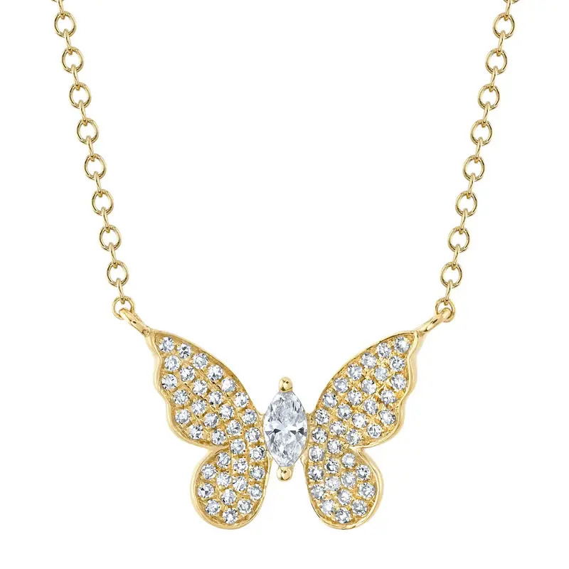 Symbolizing transformation and hope, this gold butterfly necklace is composed of sparkling diamonds. Wear this lovely piece next to your heart for an instant mood boost.-14k Yellow gold -Single marquise diamond-Paved diamond butterfly wings, 0.23cts-Length at 15", 16", 17" and 18" on adjustable chainItem# 807-2000320 Single Butterfly Necklace