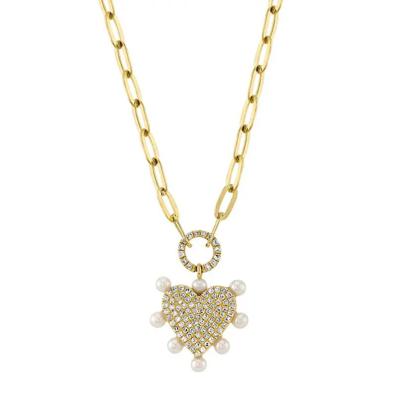 A sentimental piece with a heart suspended from a diamond circle and a halo of pearls. Wear this necklace close to your heart with the adjustable paperclip chain.-14K yellow gold-Paved heart with round diamonds, 0.22cts-Round, cultured pearls-18" Paperclip chainItem #807-2000322 Diamond and Pearl Heart Necklace