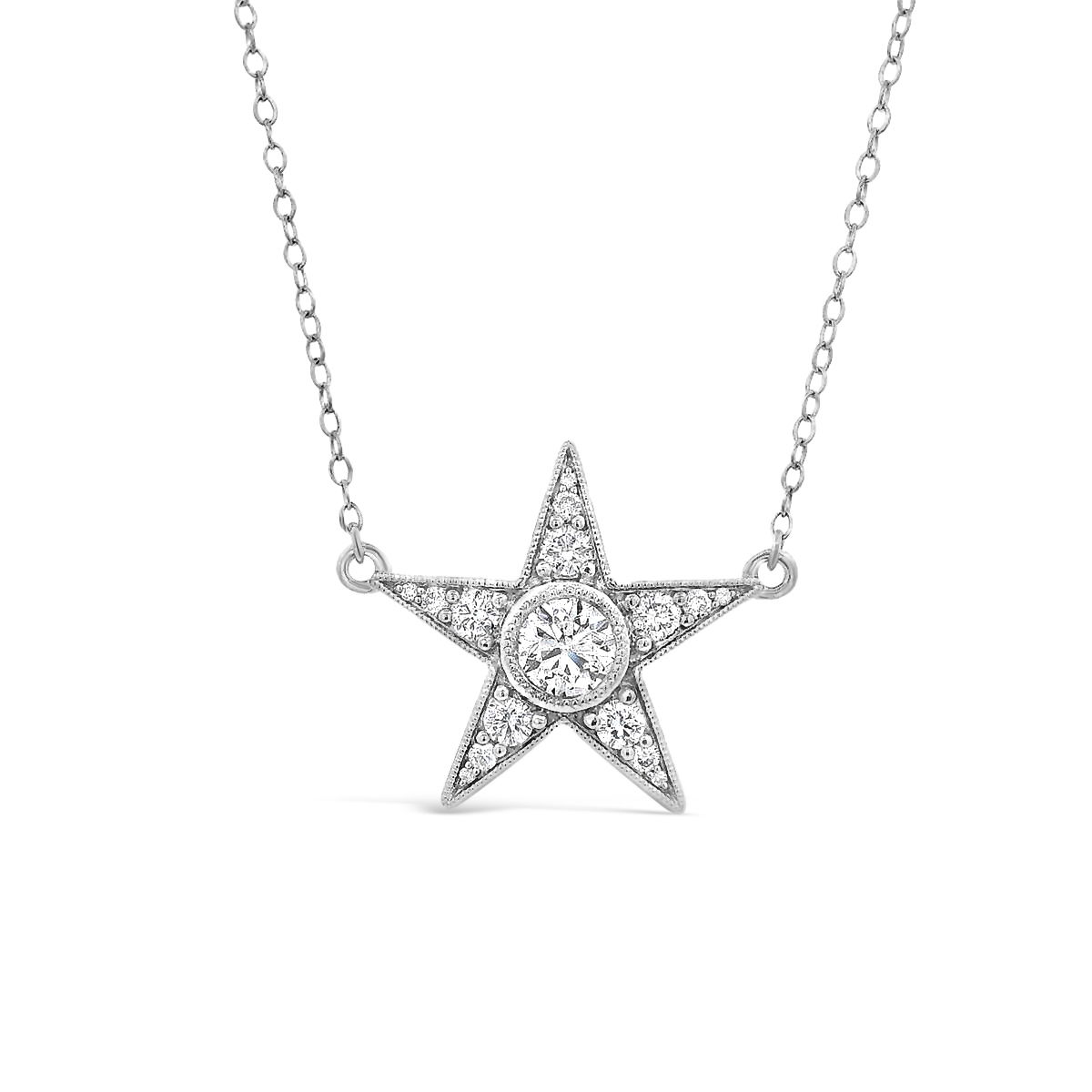 The "Starlette Necklace" features a vibrant round diamond surrounded by dazzling diamonds, set in 14k white gold. This elegant piece adds a touch of brilliance and color, effortlessly elevating both casual and formal looks.-14k White gold-Round Diamond, 0.51cts-Round diamonds, 0.36cts-Length 18”Item# ND-NK-00014 Starlette Necklace in White Gold