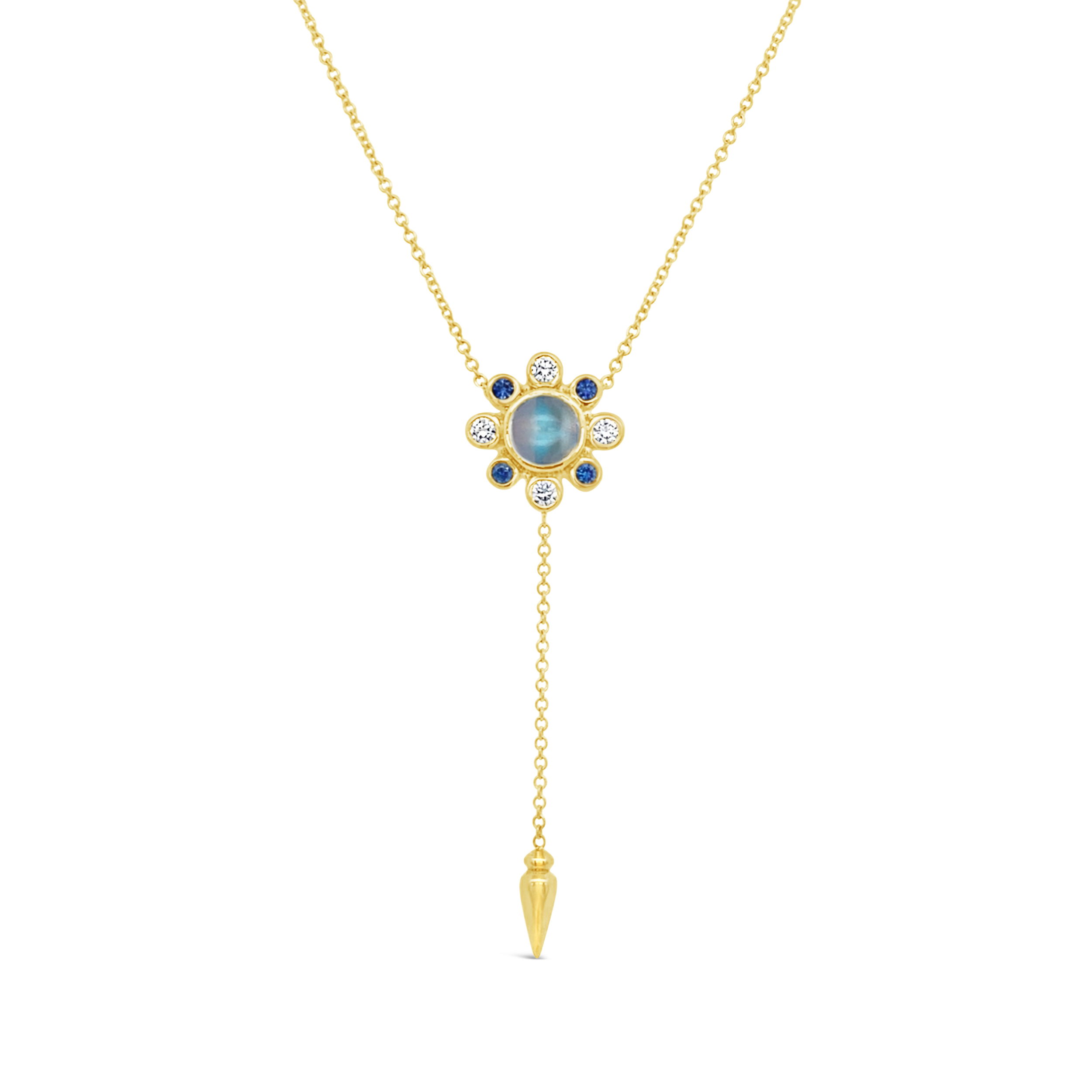 This beautiful 18k yellow gold moonstone necklace will leave you starstruck with its sapphires and diamonds. Wear on its own or layer for added style.-18k Yellow gold-Moonstone, 2.54ct-Sapphires, 0.30cts-Diamonds, 0.39ctsItem# ND-NK-00015 Moonstone Necklace