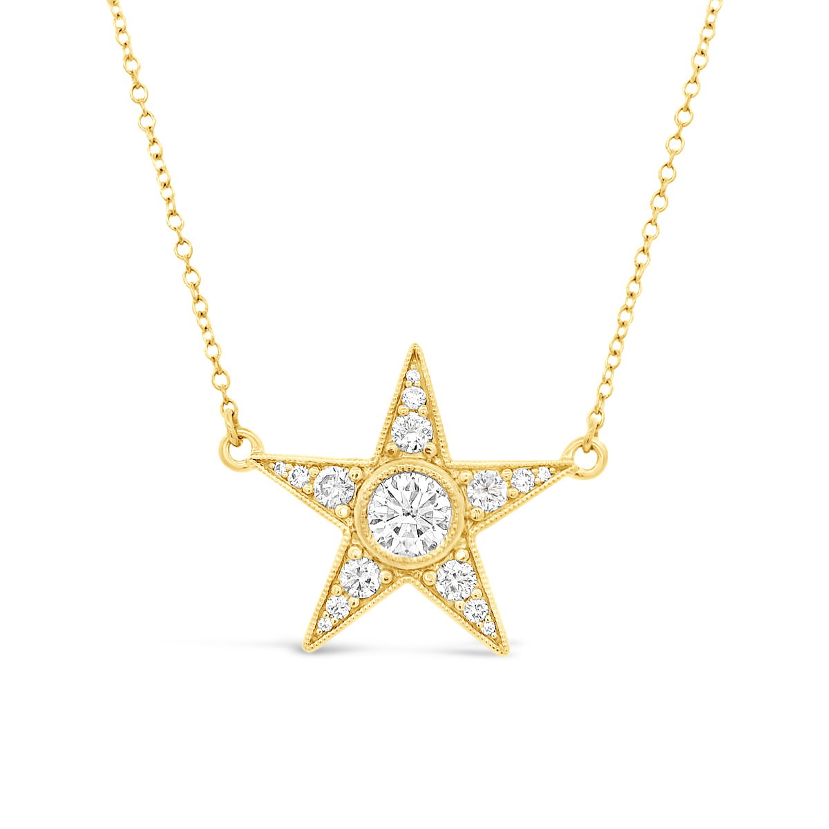 The "Starlette Necklace" features a vibrant round diamond surrounded by dazzling diamonds, set in 18k yellow gold. This elegant piece adds a touch of brilliance and color, effortlessly elevating both casual and formal looks.-18k Yellow gold-Round Diamond, 0.51cts-Round diamonds, 0.36ctsItem# ND-NK-00016 Starlette Necklace in Yellow Gold