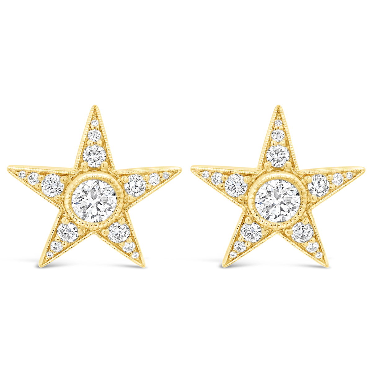 These Star Stud Earrings in 18k yellow gold with sparkling round diamonds are the perfect finishing touch to any outfit. -18k Yellow gold-Diamonds, 1.73ctsItem# ND-EAR-00027 Star Stud Earrings in Yellow Gold