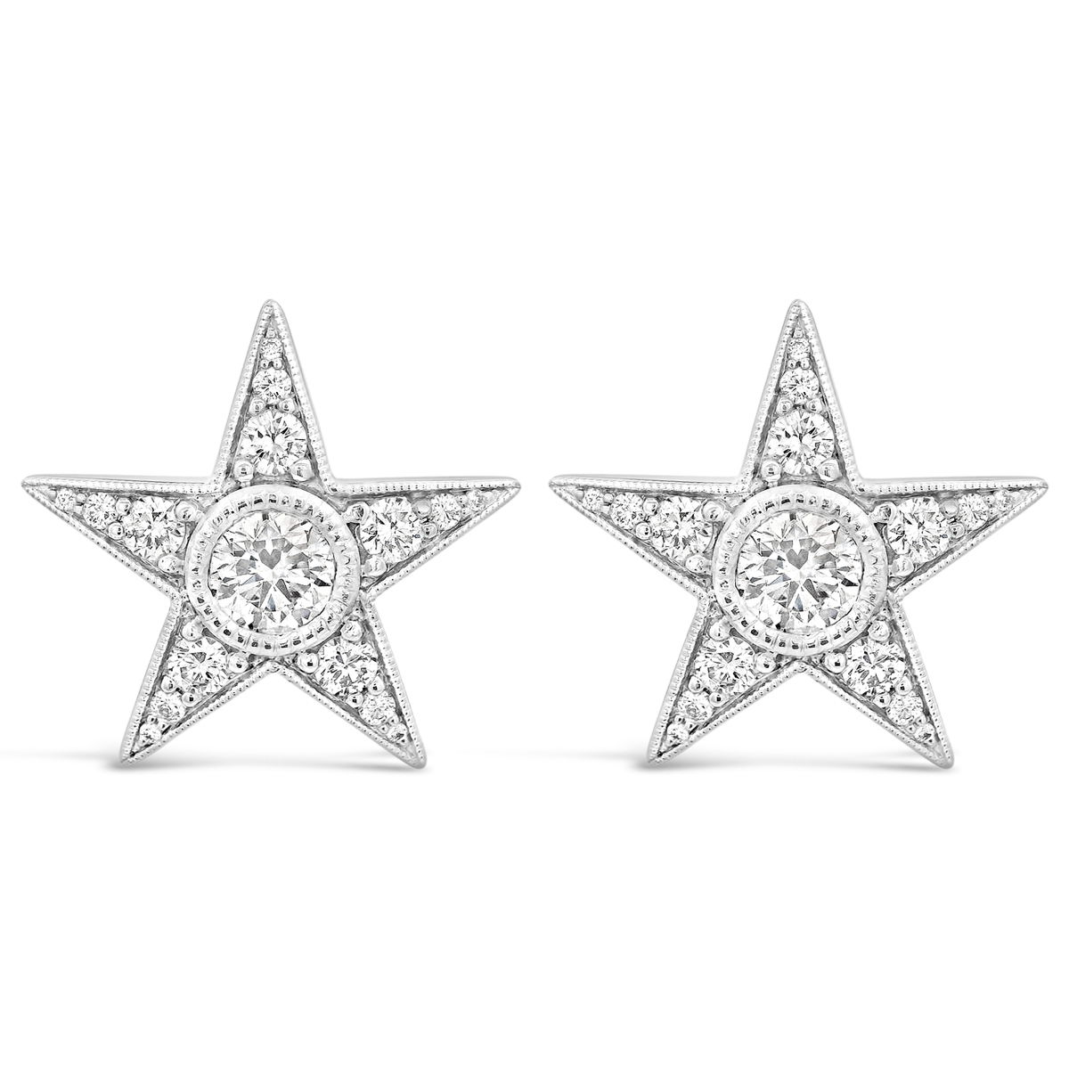 These Star Stud Earrings in 18k white gold with sparkling round diamonds are the perfect finishing touch to any outfit. -18k White gold-Diamonds, 1.73ctsItem# ND-EAR-00028 Star Stud Earrings in White Gold