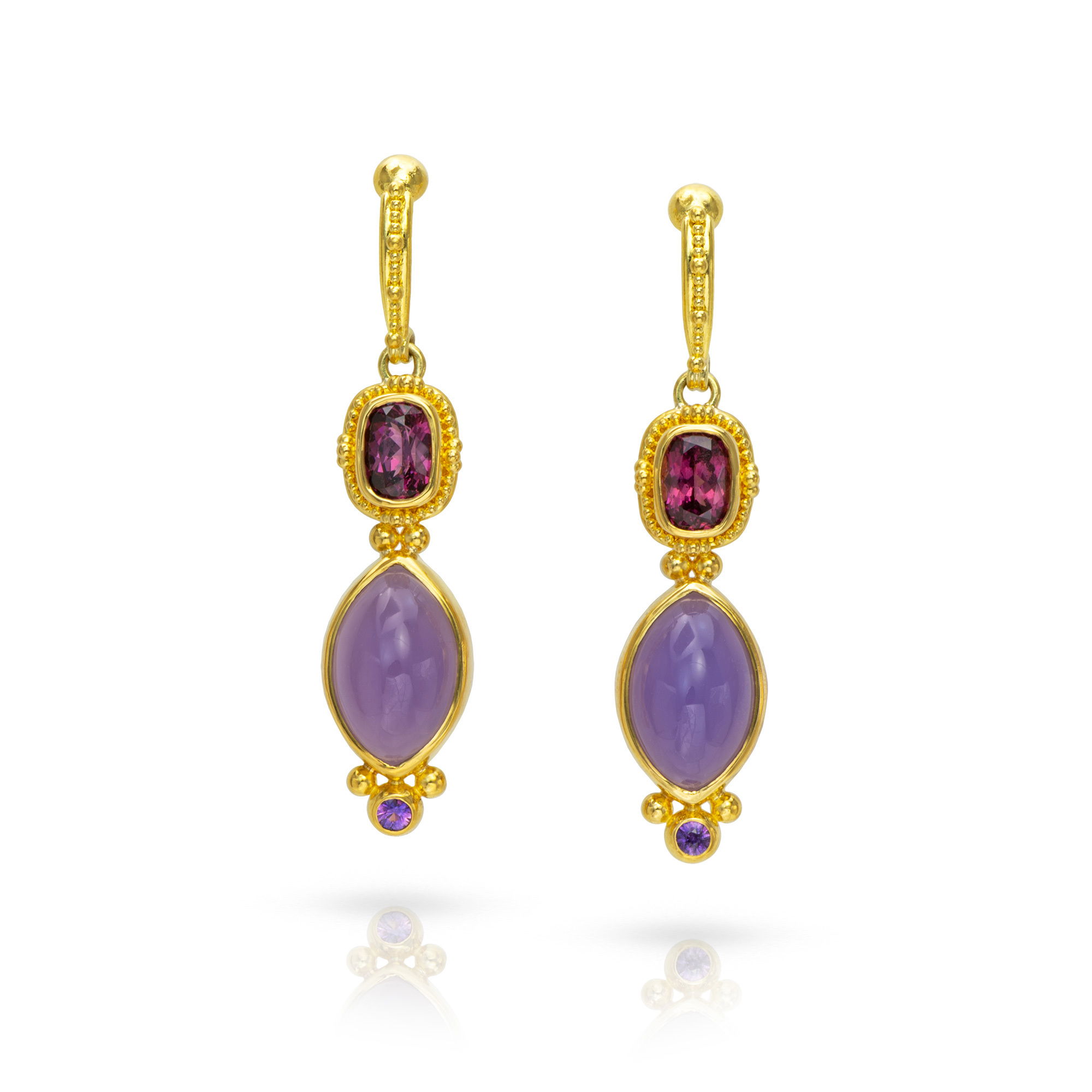 Fabricated in Walla Walla Washington, Zaffiro specializes in Granulation. An Art first appearing 4000 years ago around Italy and Greece. Any of their their pieces will impress as wearable art for any jewelry collector or enthusiast.-22k Yellow gold -Chalcedony, 12.16cts-Rhodolite, 2.23cts-Purple sapphire, 0.14ctsItem# 210-2000067 Lilac Chalcedony Drops