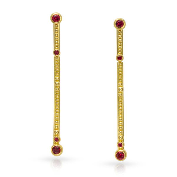 Fabricated in Walla Walla Washington, Zaffiro specializes in Granulation. An Art first appearing 4000 years ago around Italy and Greece. Any of their their pieces will impress as wearable art for any jewelry collector or enthusiast.-22k Yellow gold -Round red spinel, 0.46ctsItem# 210-2000068 Red Spinel Bar Earrings
