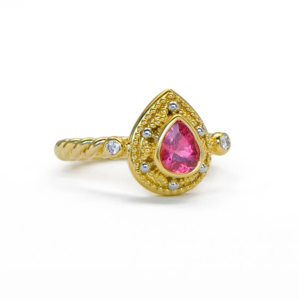 Fabricated in Walla Walla Washington, Zaffiro specializes in Granulation. An Art first appearing 4000 years ago around Italy and Greece. Any of their their pieces will impress as wearable art for any jewelry collector or enthusiast.-22k Yellow gold -Pink spinel, 1.03cts-Round white diamonds, 0.08ctsItem# 200-2000123 Chiara Pink Spinel Ring