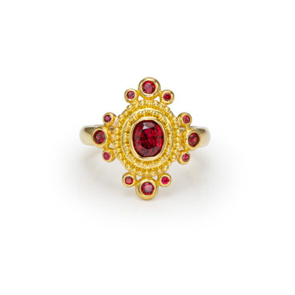 Fabricated in Walla Walla Washington, Zaffiro specializes in Granulation. An Art first appearing 4000 years ago around Italy and Greece. Any of their their pieces will impress as wearable art for any jewelry collector or enthusiast.-22k Yellow gold -Red spinel, 1.30ctsItem# 200-2000124 Red Spinel Ring