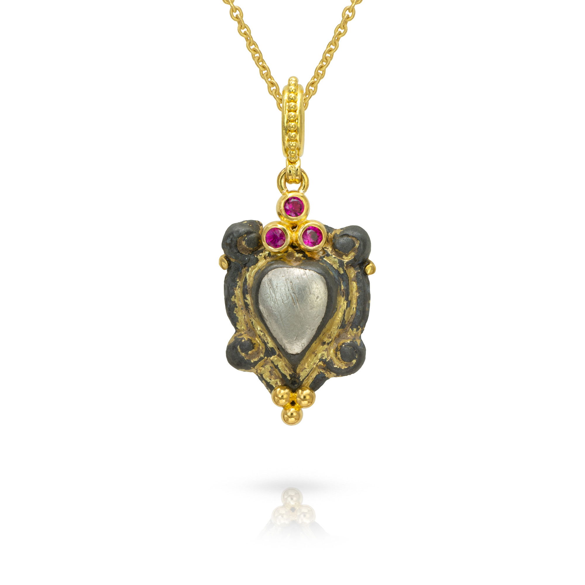 Fabricated in Walla Walla Washington, Zaffiro specializes in Granulation. An Art first appearing 4000 years ago around Italy and Greece. Any of their their pieces will impress as wearable art for any jewelry collector or enthusiast.-22k Yellow gold -Magenta sapphire, 0.12ctsItem# 230-2000014 Medieval Silver Gilt Mount Pendant