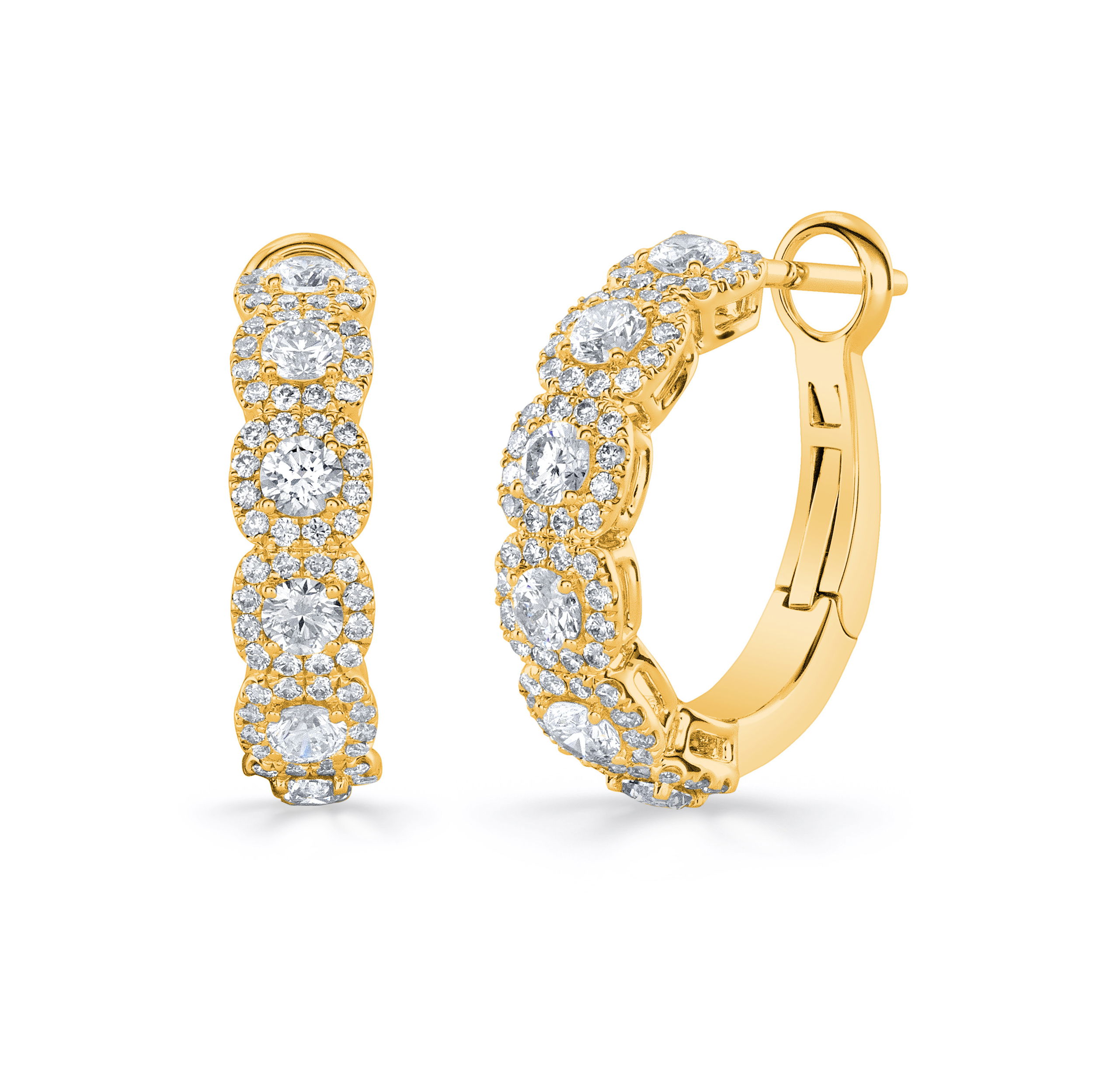 These stunning hoop earrings feature round diamonds, each framed in a sparkling diamond halo. The unique orientation adds a modern twist to a classic silhouette, making them a standout choice for everyday elegance or elevated evenings.-18k Yellow gold-Round diamonds, 3.29ctsItem# 150-2000087 Round Halo Hoop Earrings