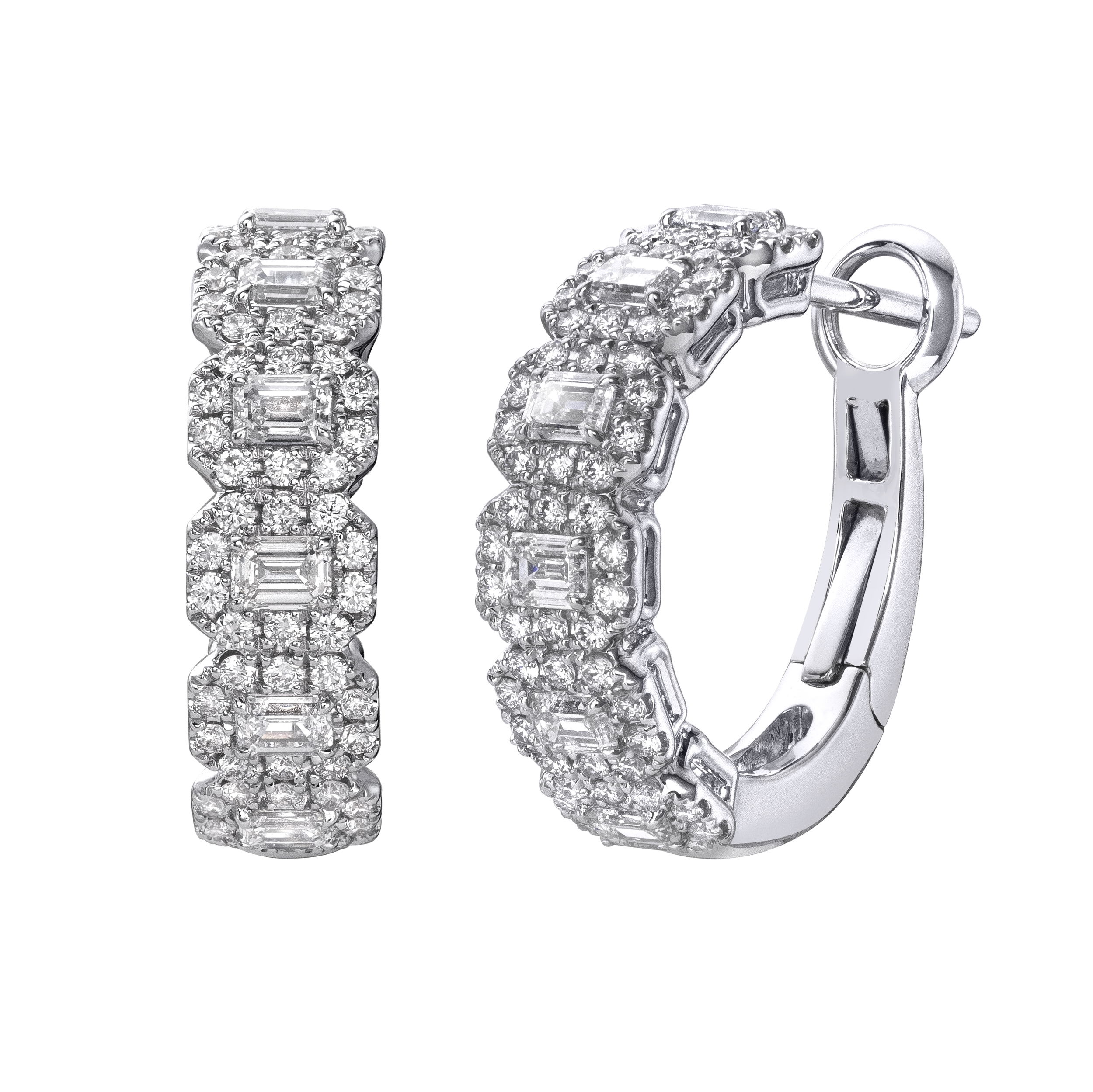These stunning hoop earrings feature east-to-west emerald-cut diamonds, each framed in a sparkling diamond halo. The unique orientation adds a modern twist to a classic silhouette, making them a standout choice for everyday elegance or elevated evenings.-18k White gold-Emerald diamonds, 2.27cts-Round diamonds, 1.08ctsItem #: 150-2000089 Emerald Cut Halo Hoop Earrings