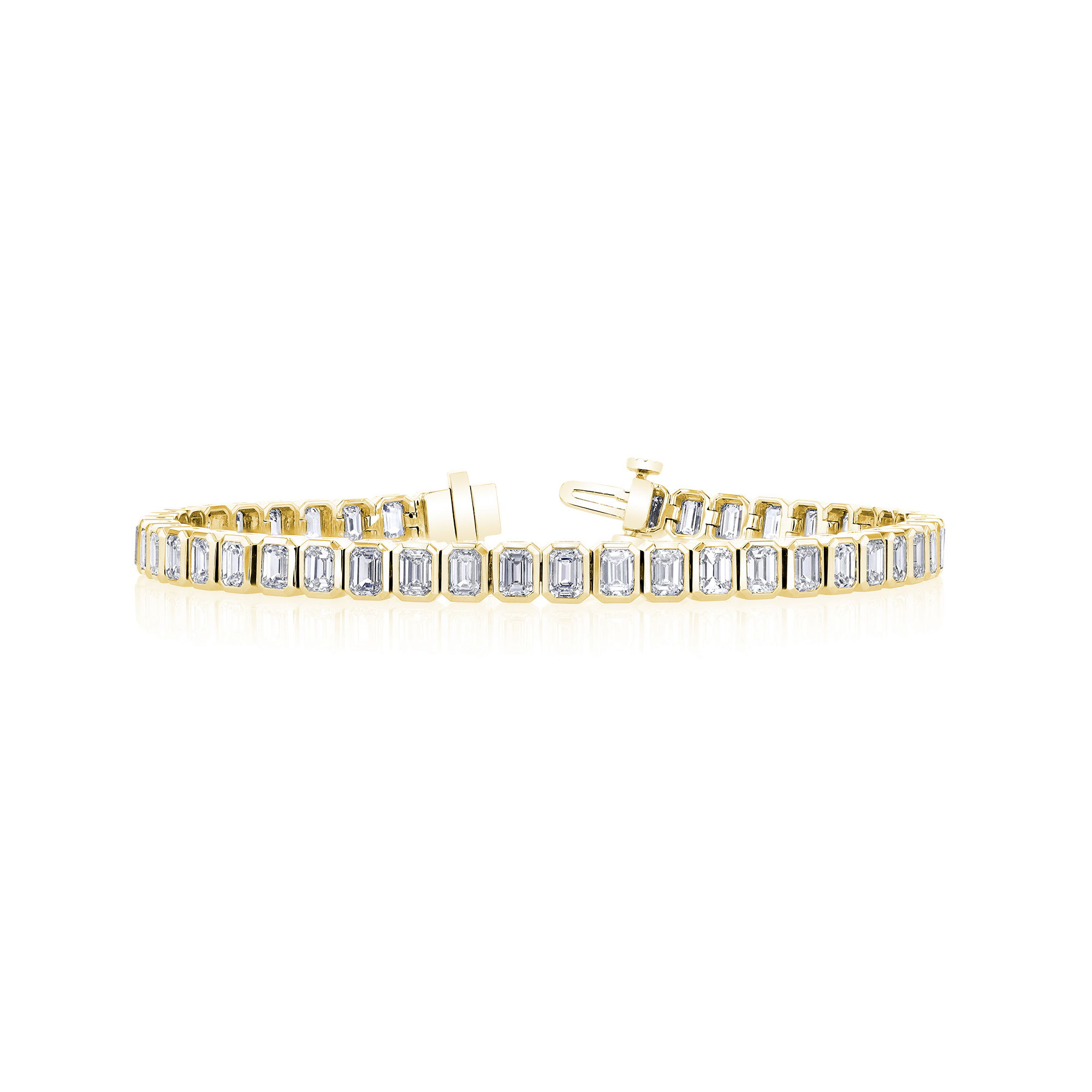 This bezel-set tennis bracelet showcases emerald cut diamonds, each framed in sleek metal, offering a clean, contemporary look with timeless elegance. Perfect for layering or wearing solo as a statement piece.-18k Yellow gold-Emerald diamonds, 19.22cts-Length, 7"Item #: 170-2000045 Bezel Tennis Bracelet