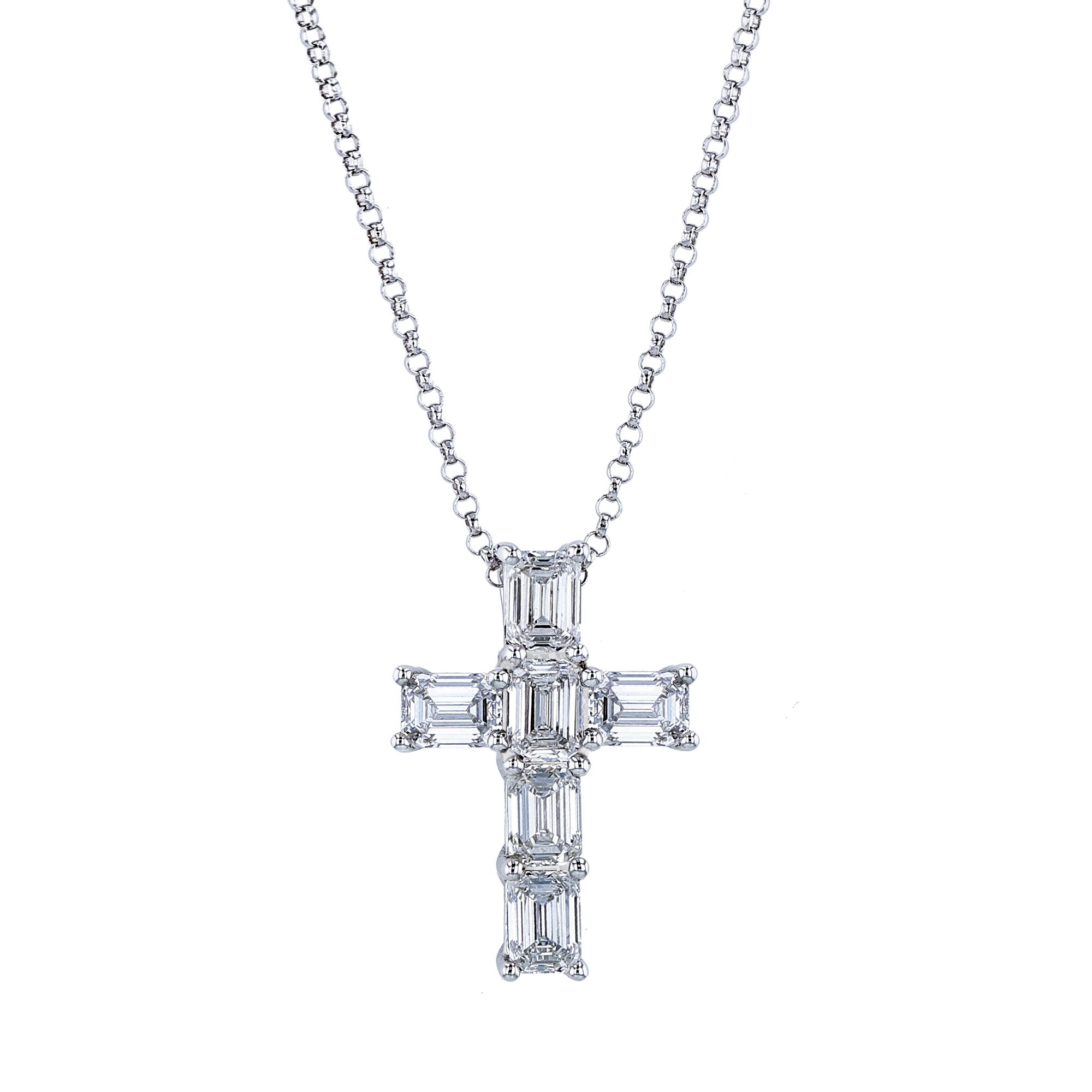 Experience the joy of wearing a piece of jewelry that represents your faith and your love. This pendant radiates with a timeless and sophisticated beauty. It's a meaningful and romantic gift for birthdays, anniversaries, or any special occasion.-Platinum-Emerald cut diamonds, 3.06cts-Length 16-17" on adjustable chainItem# 165-2000049 Diamond Cross Necklace
