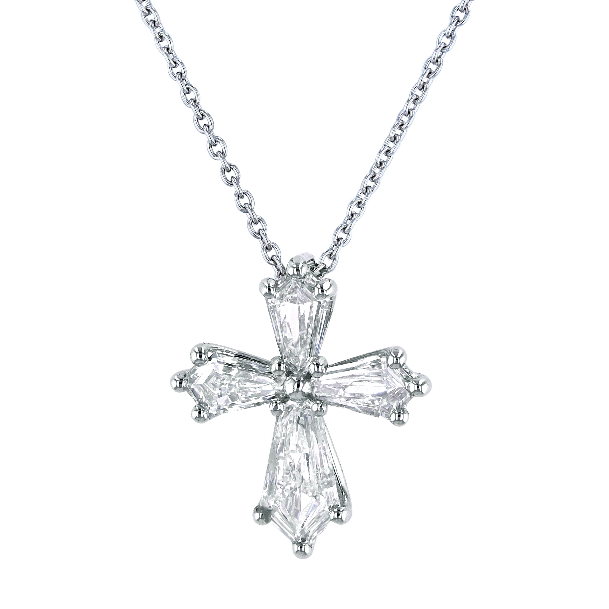 Experience the joy of wearing a piece of jewelry that represents your faith and your love. This pendant radiates with a timeless and sophisticated beauty. It's a meaningful and romantic gift for birthdays, anniversaries, or any special occasion.-Platinum-Kite Diamonds, 0.90ctsItem# 165-2000053 Kite Diamond Cross Pendant