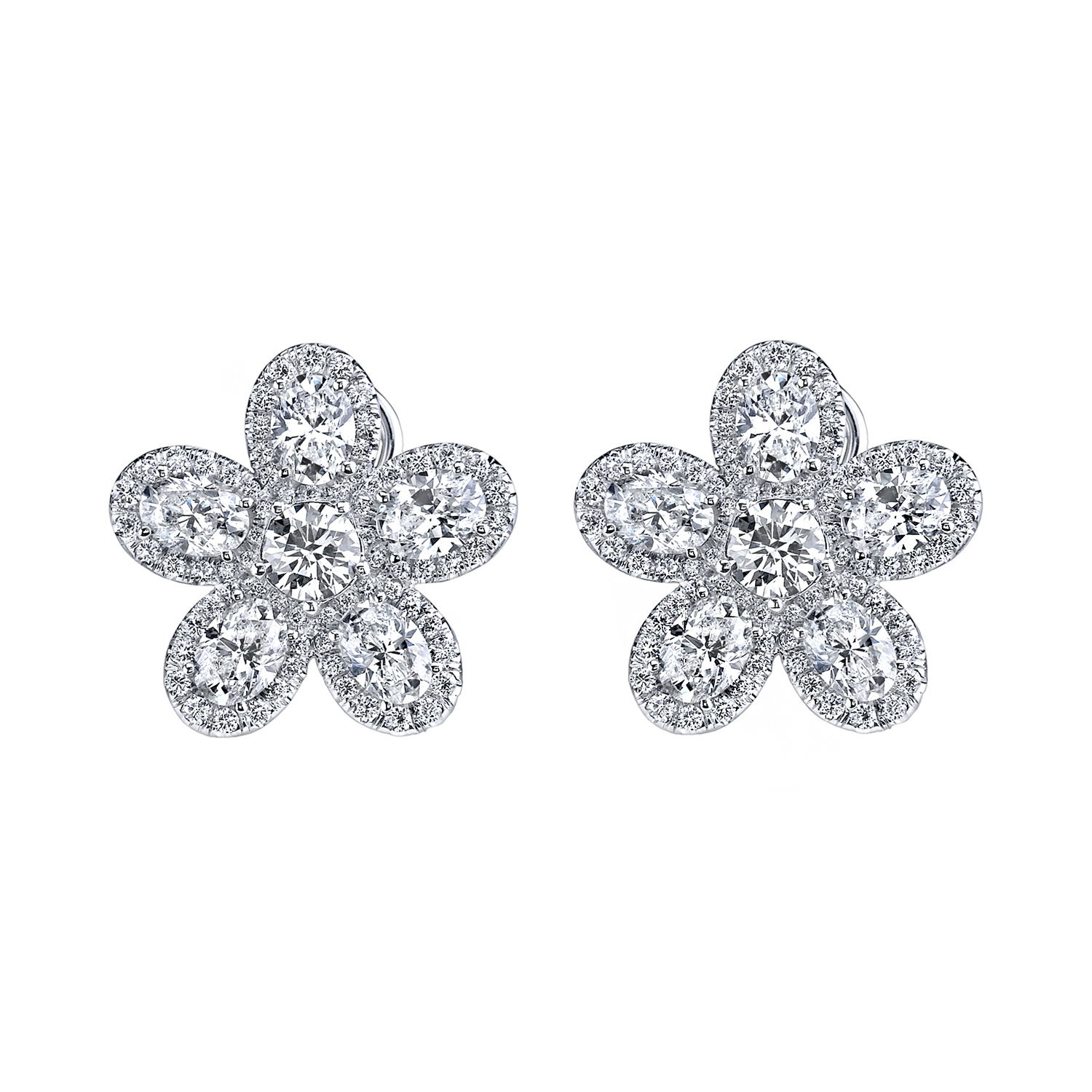 Captivating floral diamond earrings bloom eternally in any season! Playful yet elegant, these are the perfect addition to any jewelry collection. -18K White gold-Oval diamonds, 4.97cts-Round diamonds, 2.08ctsItem# 150-2000092 Diamond Floral Earrings