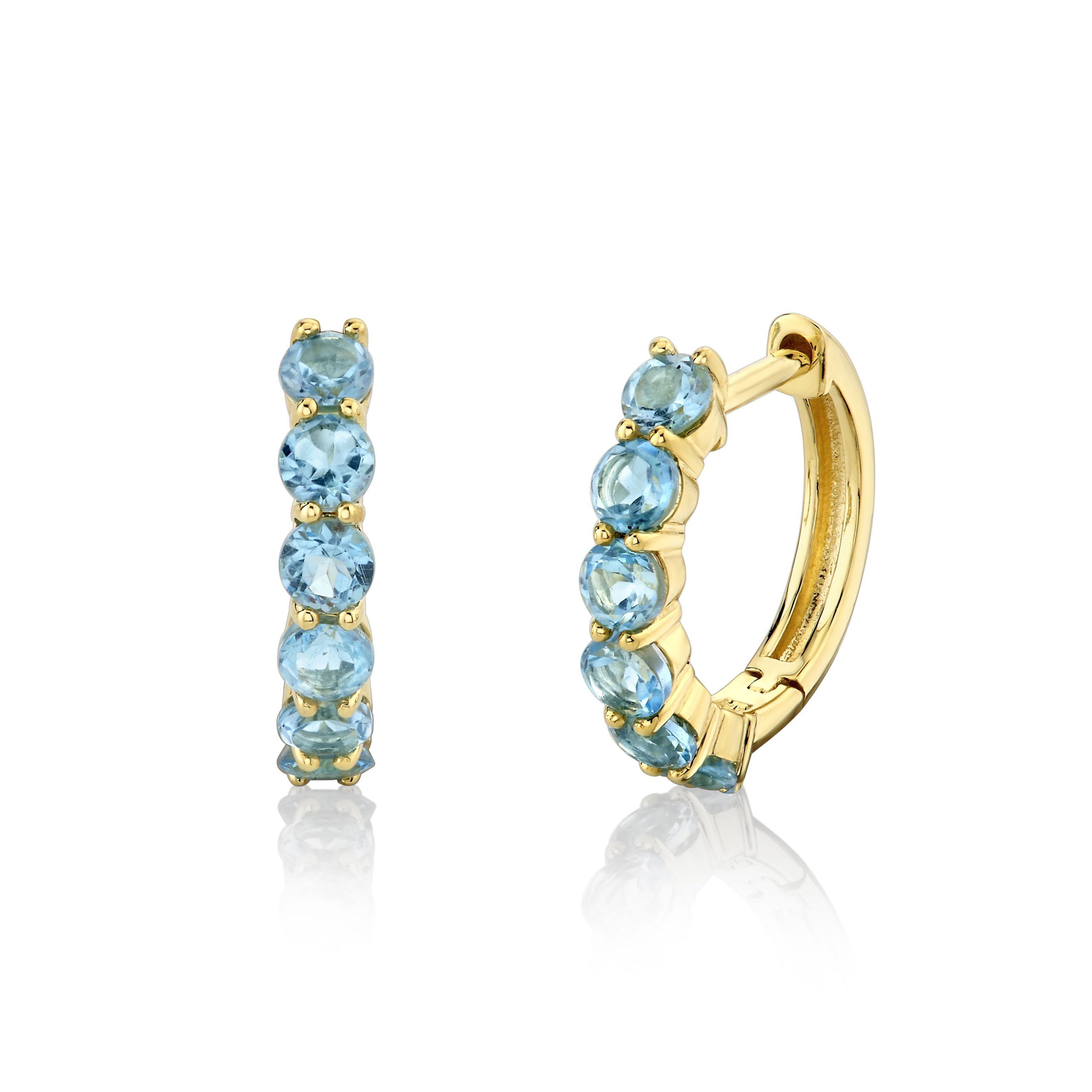 Simple yet stunning, these huggies are the perfect addition to any style or collection.-18k Yellow gold-Swiss blue topaz, 1.02ctsItem# 805-2000471 Swiss Blue Topaz Bubble Huggie Earrings