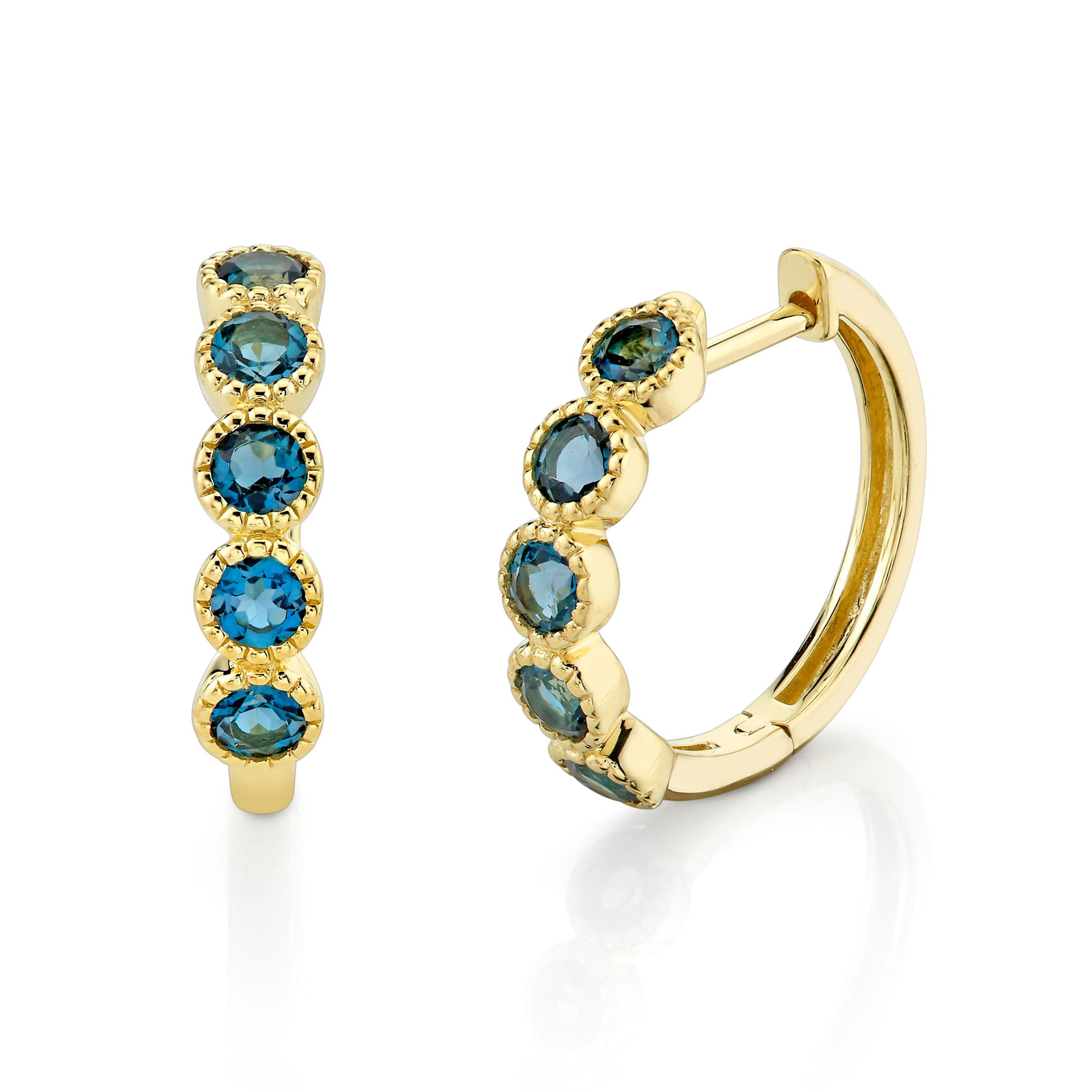 Simple yet stunning, these huggies are the perfect addition to any style or collection.-18k Yellow gold-London blue topaz, 0.77ctsItem# 805-2000472 London Blue Topaz Bubble Huggie Earrings