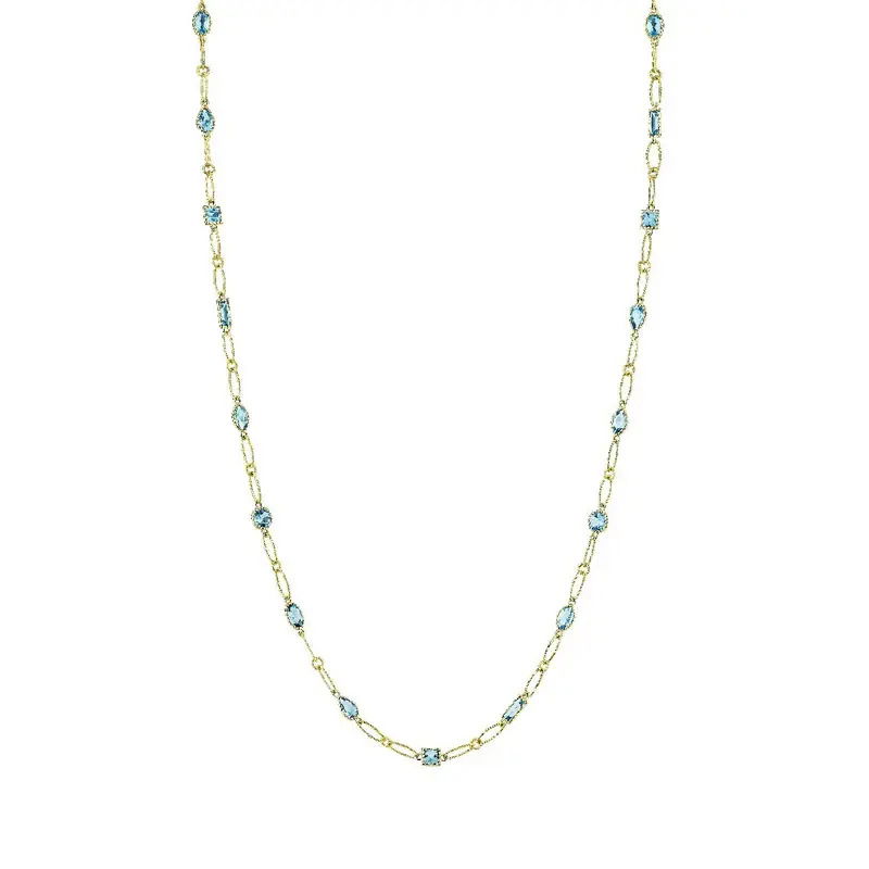 Featuring iconic Swiss Blue Topaz stones arranged within a stunning 18k yellow gold chain, this piece is designed to make the statement you deserve to make.-18k Yellow gold-Swiss blue topaz, 4.29cts-Chain length, 16"-18"Item# 807-2000332 Swiss Blue Topaz Mix Shape Lacey Chain