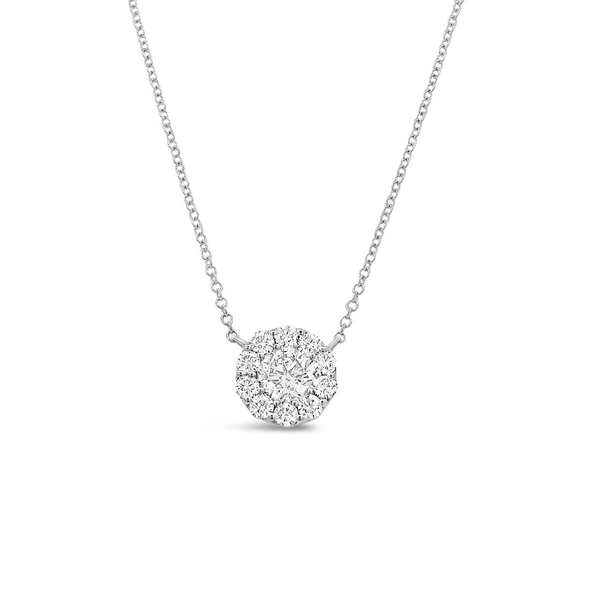 This beautiful necklace is sure to be an admirable piece with its 14k white gold and subtle yet stunning diamond pendant.-14k White gold-Diamonds, 0.74ctsItem# ND-NK-00019 Classic Diamond Necklace