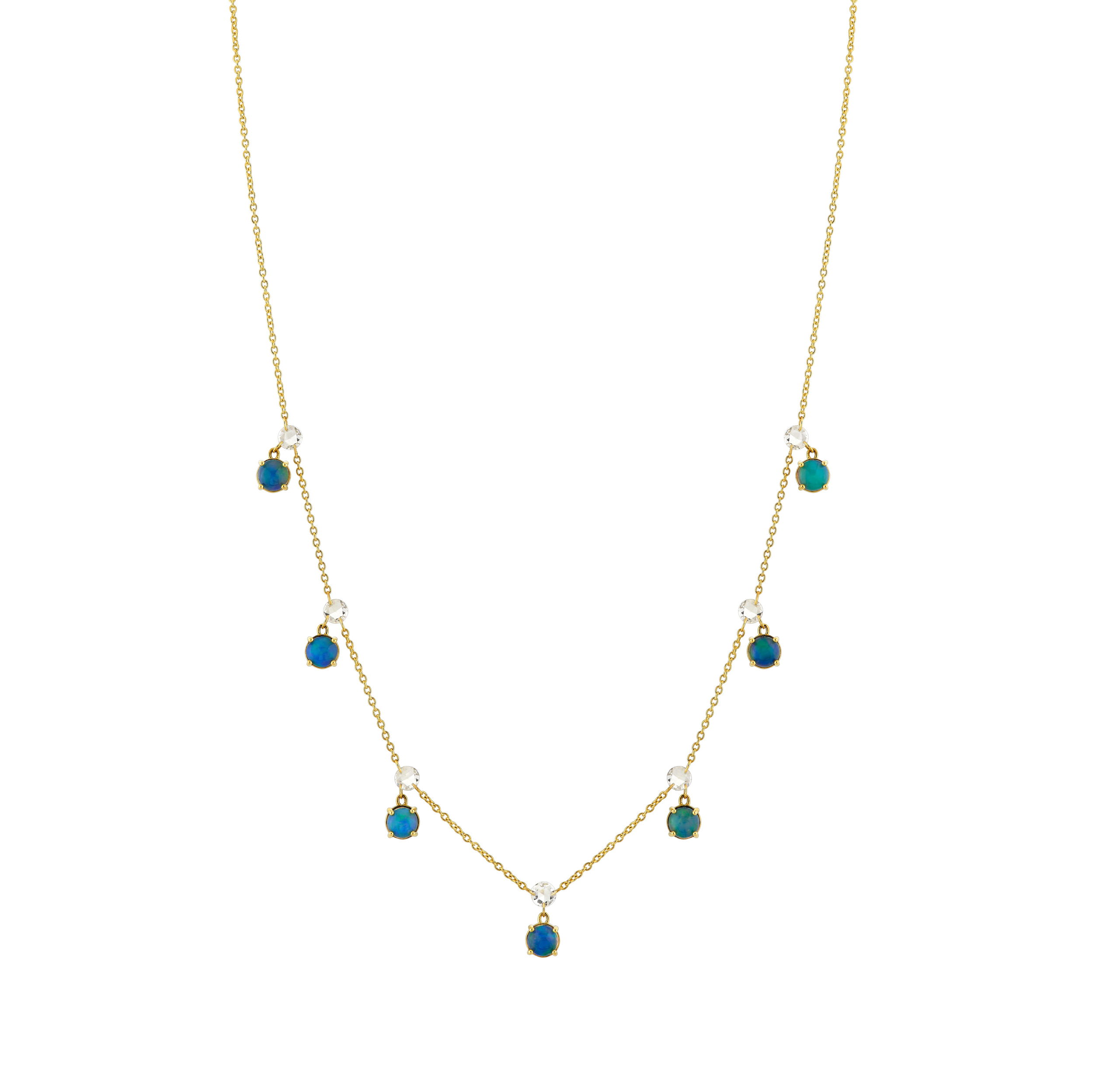 Featuring rose cut diamonds coupled with dangling opals, this necklace is a stunning way to make your statement.-18k Yellow gold-Rose diamonds, 0.74cts-Opals, 1.94cts-Chain length, 16"-18"Item# 807-2000333 Rose Cut Diamond Chain with Dangling Opals
